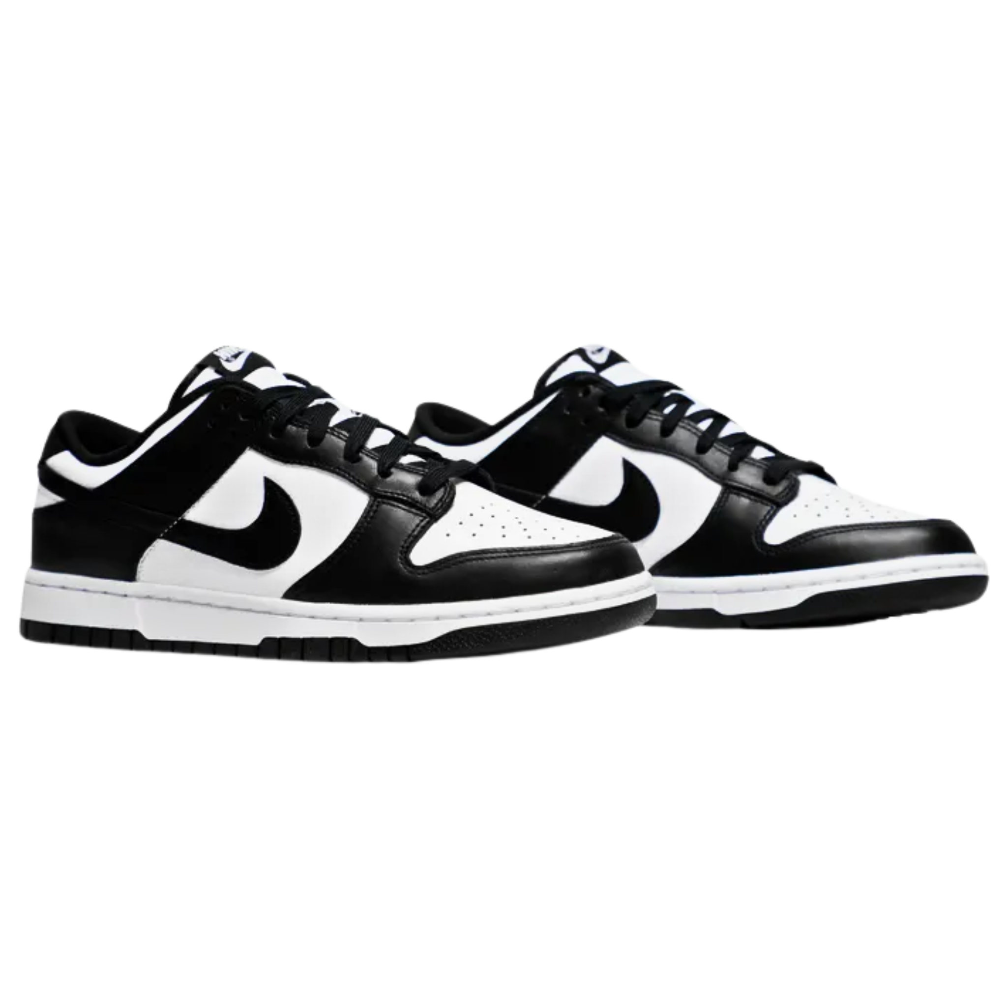 The Nike Dunk Low ‘Black White’ (also known as 'Panda') features a classic two-tone color scheme with a white leather base and contrasting black overlays on the toe and heel. The clean design, developed by Peter Moore, highlights the sneaker’s smooth transition from the hardwood to the street. White Nike branding stands out in relief on both the woven tongue tag and heel tab, completing the iconic, minimalist look.