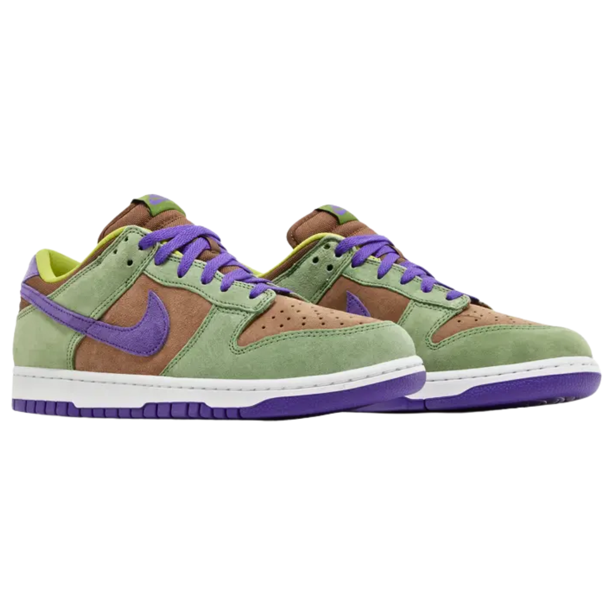 The 2024 Nike Dunk Low SP Retro 'Veneer' revives the classic colorway from the 2001 CO.JP 'Ugly Duckling Pack.' This low-top sneaker features a brown suede upper with contrasting green overlays and a purple Swoosh. A lime green collar lining and insole are adorned with Nike branding, with additional Nike logo details on the woven tongue tag and back tab. The rubber cupsole pairs white sidewalls with a grippy violet rubber outsole, combining style and performance.