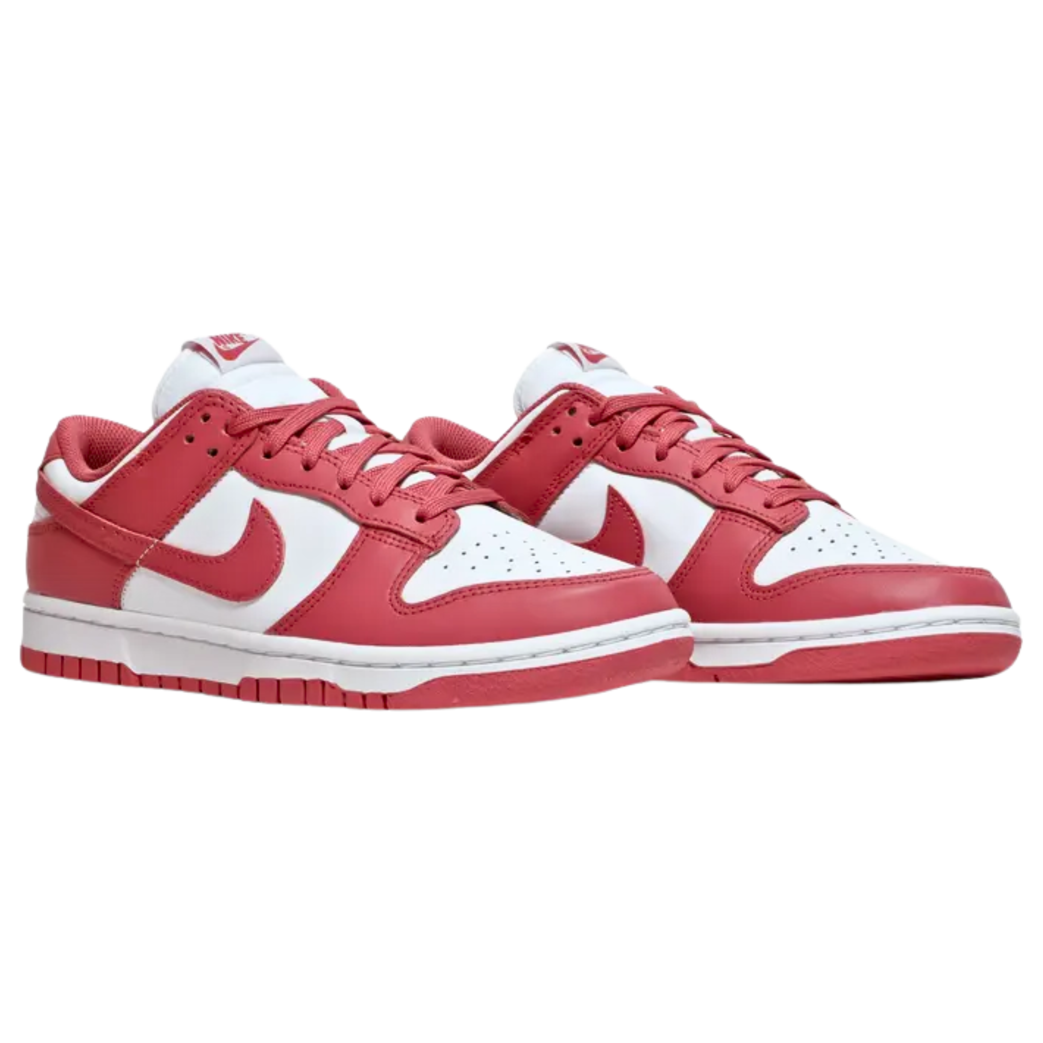 The Nike Women’s Dunk Low ‘Archeo Pink’ features classic two-tone color blocking with a white leather base and dark pink overlays. The all-leather upper includes a perforated toe box, padded mesh collar, and nylon tongue with a woven Nike tag. An embroidered Nike wordmark adorns the heel tab. The sneaker rests on a rubber cupsole, combining white sidewalls with a pink rubber outsole for a stylish and comfortable finish.