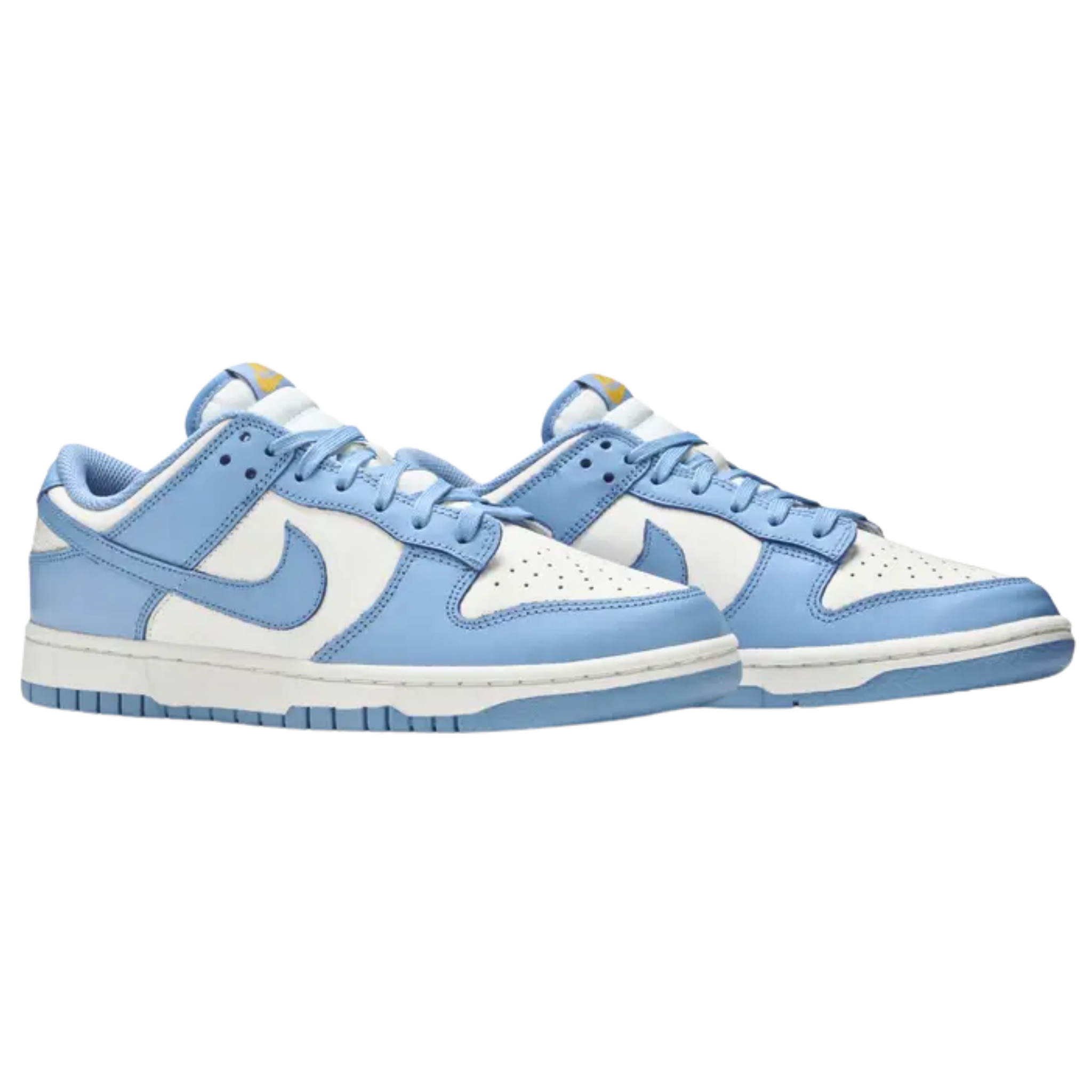 The Nike Women’s Dunk Low ‘Coast’ features traditional two-tone color blocking with a white leather base and vibrant blue overlays. Perforated detailing on the toe box adds texture, while yellow Nike branding on the heel tab and woven tongue tag adds a pop of color. The sneaker rests on a low-profile midsole and is supported by a rubber outsole with concentric circle tread for enhanced grip and style.