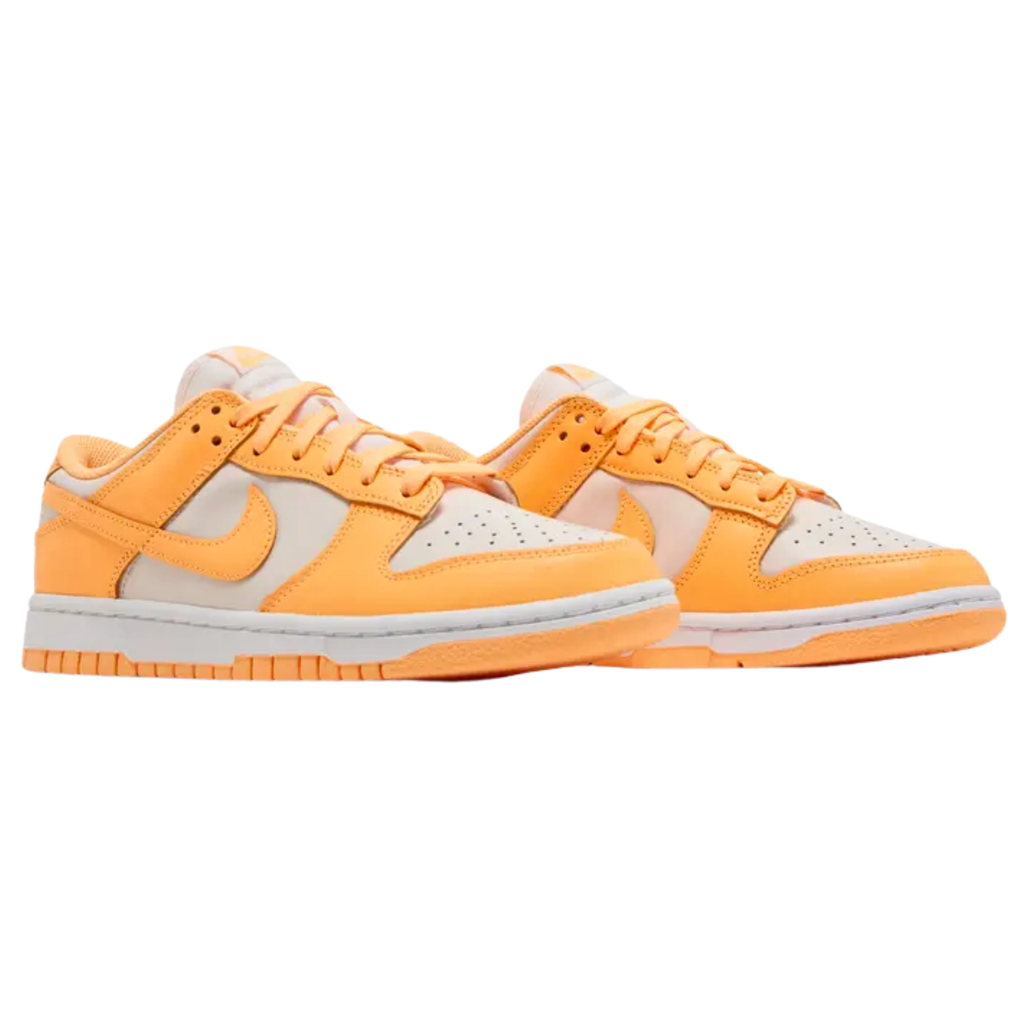 The Nike Women’s Dunk Low ‘Peach Cream’ features a two-tone design, combining a light grey base with vibrant orange leather overlays. The classic color blocking is complemented by heritage details such as a perforated toe box, breathable nylon tongue, and durable cupsole tooling. The sneaker is finished with an orange rubber outsole, designed with a concentric-circle traction pattern for superior grip and performance.