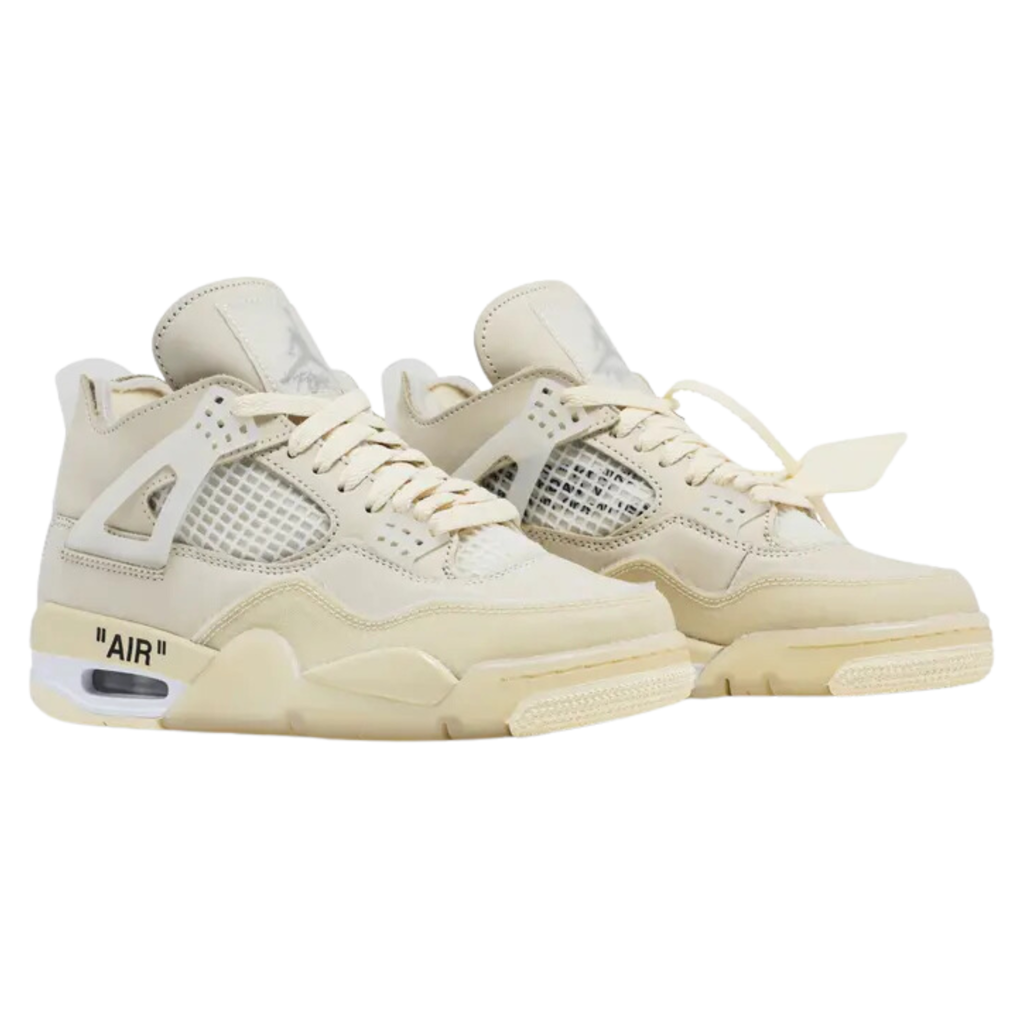 The Off-White x women's Air Jordan 4 Retro SP 'Sail' features a deconstructed leather upper in Off-White, with semi-translucent TPU detailing on the eyelets, 'wings,' and heel panel. Virgil Abloh’s signature zip tie and ‘AIR’ branding above the Air sole unit complete the design.