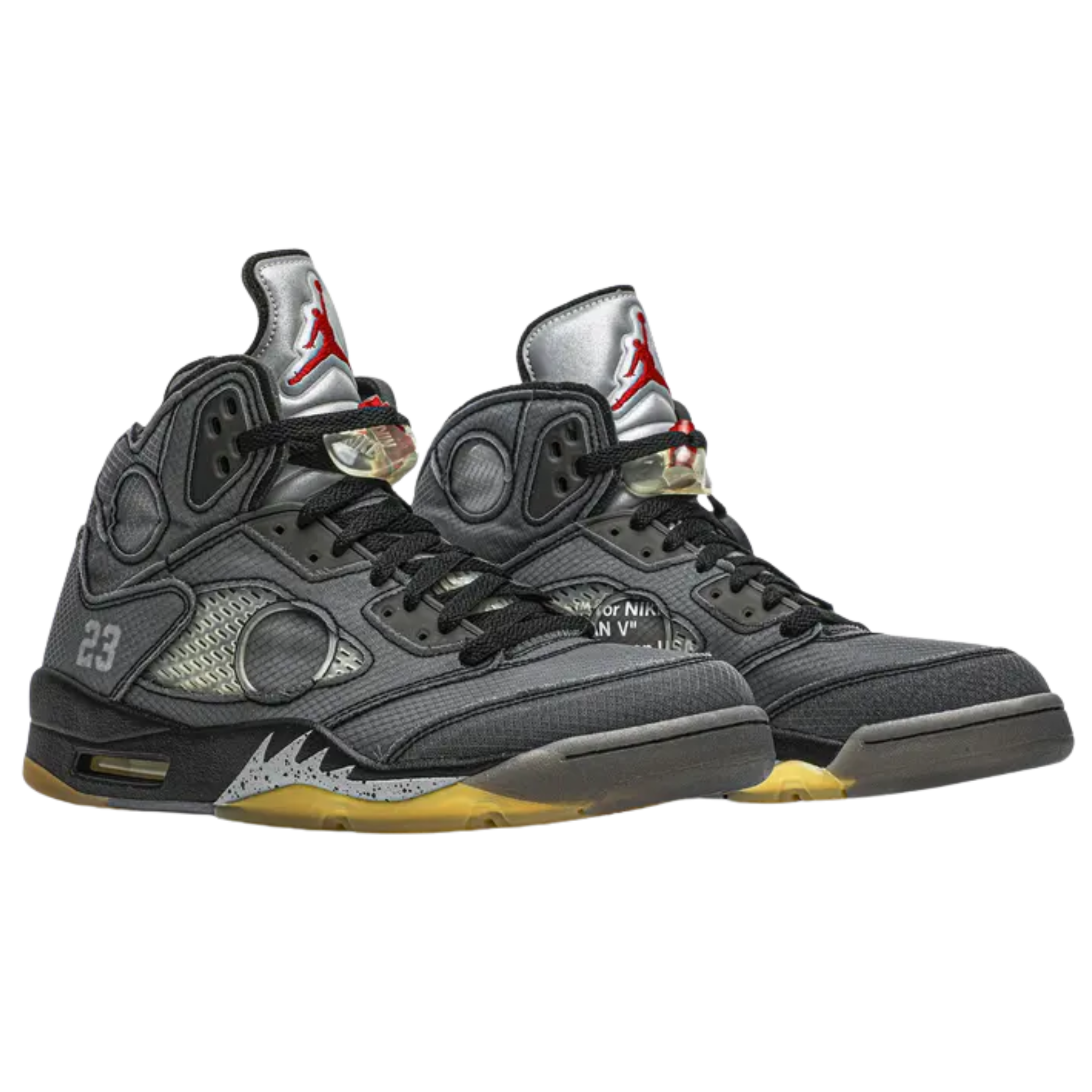 The Off-White x Air Jordan 5 SP 'Muslin' features a faded black textile upper with a silver reflective tongue and embroidered Nike Air branding. Virgil Abloh’s signature text appears on the laces and medial panel, while a pre-yellowed translucent rubber outsole enhances the vintage look.