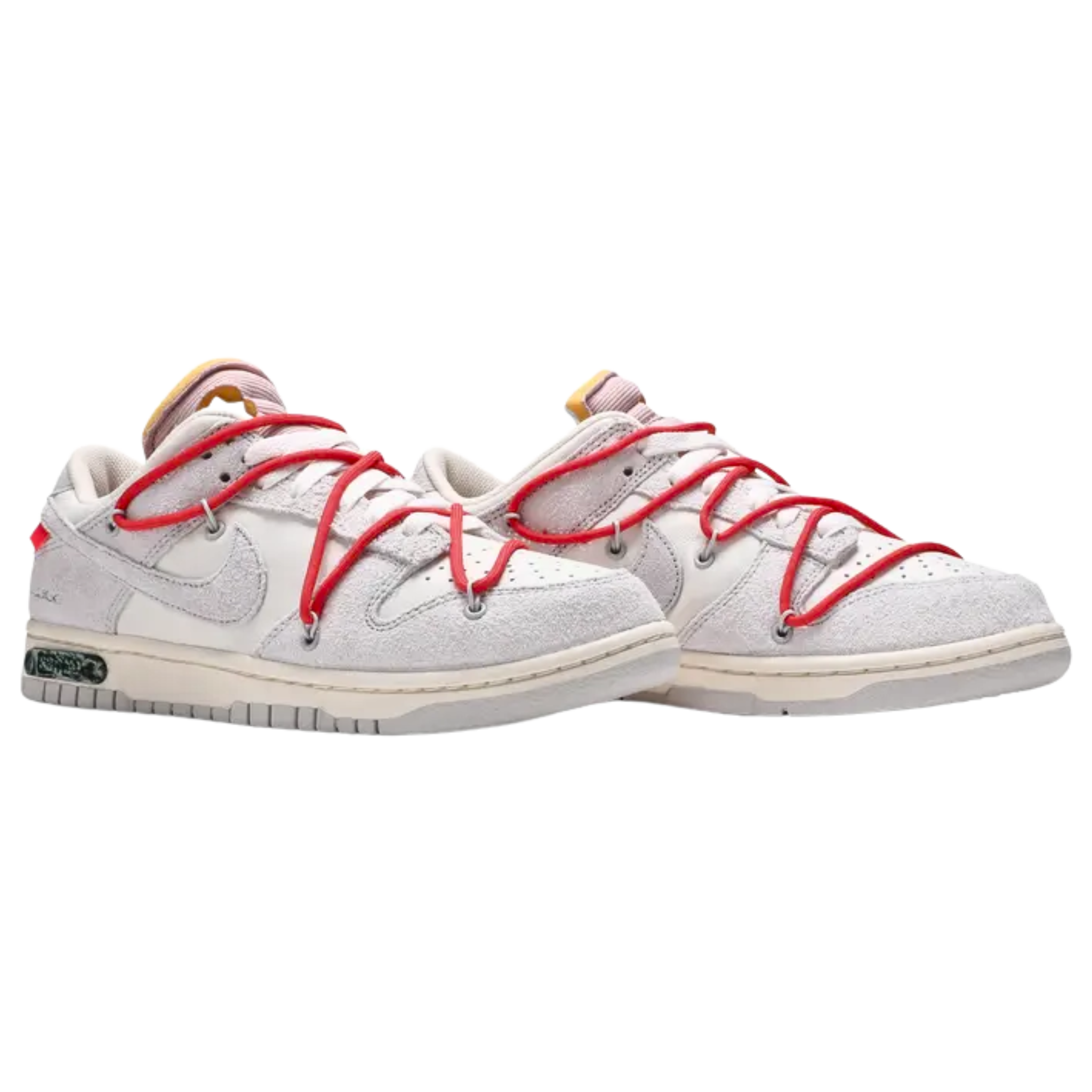 The Off-White x Nike Dunk Low from the 'Dear Summer' collection features a white leather upper with soft grey suede overlays. Signature Virgil Abloh details include a plastic zip tie, printed Helvetica text, and a secondary lacing system. Pops of color come from the zip tie, exposed-foam tongue, and a rectangular tab on the Swoosh. Limited to fifty pairs, the sneaker is marked with a '33 of 50' badge on the lateral midsole, making it a rare and collectible release.