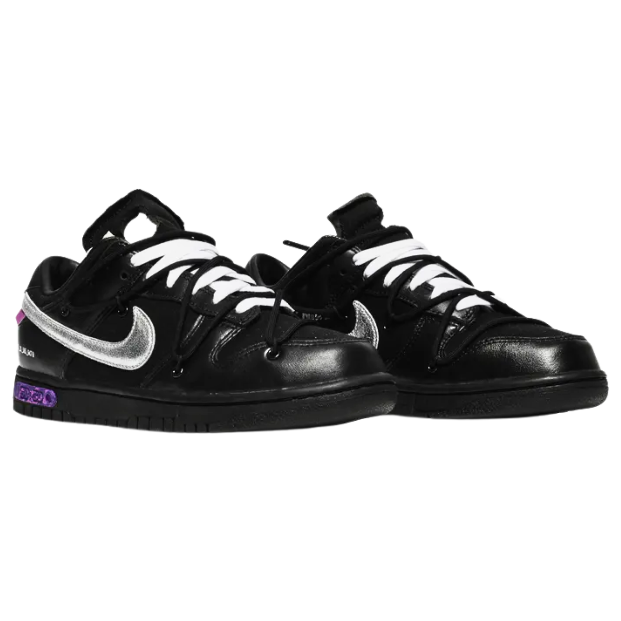 The Off-White x Nike Dunk Low ‘Dear Summer’ represents the final installment of the collection, featuring a blacked-out canvas and leather upper. Signature Virgil Abloh details include an exposed foam tongue, plastic zip tie, Helvetica text, and a secondary set of rope laces. A metallic silver Swoosh adds contrast, while a ‘50 of 50’ badge on the black midsole designates this sneaker as a limited-edition release.