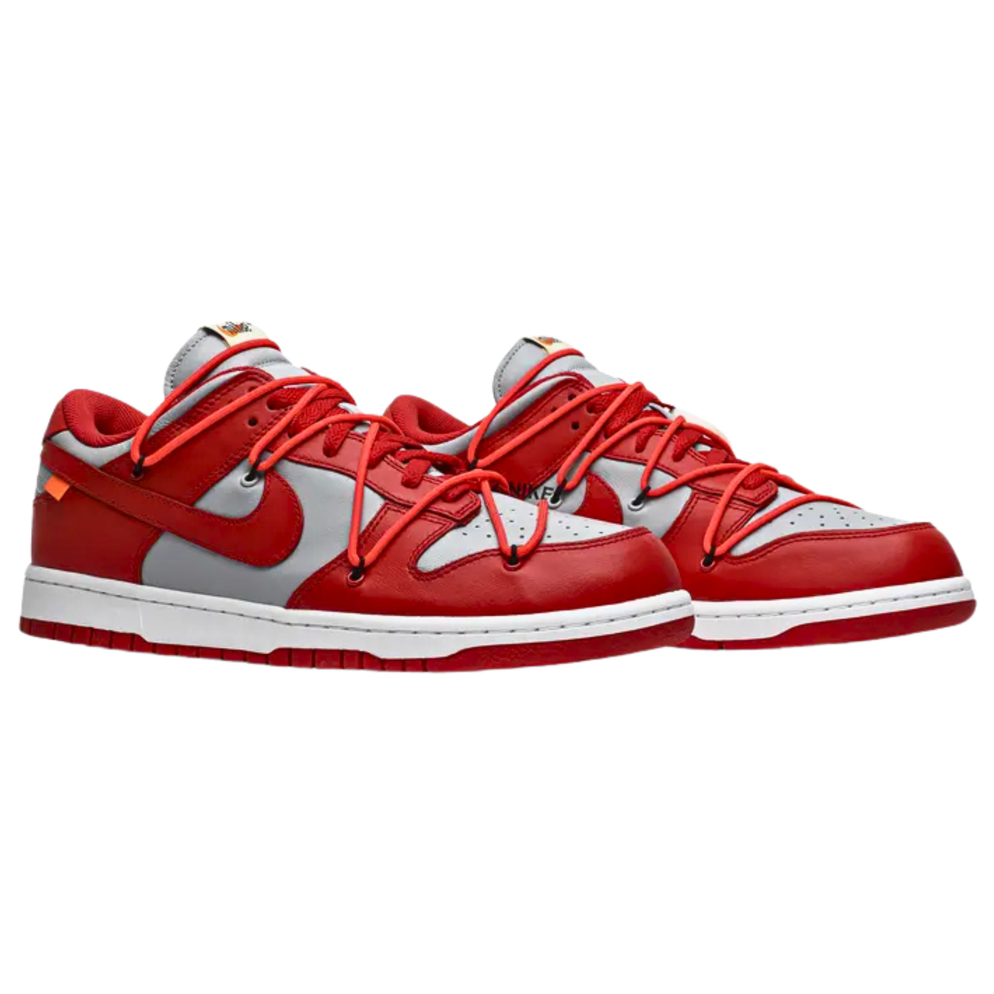 The Off-White x Nike Dunk Low in University Red and grey leather, part of the 2019 collection, embodies themes of fragmentation and rebuilding. It features retro branding, a blown-up text graphic on the medial side, and a signature flagged Swoosh on the lateral side. Virgil Abloh's deconstructivist style is showcased with exposed tongue foam, a floating heel tab, and secondary lacing. The sneaker is completed with a duo-toned rubber cupsole for added style and comfort.