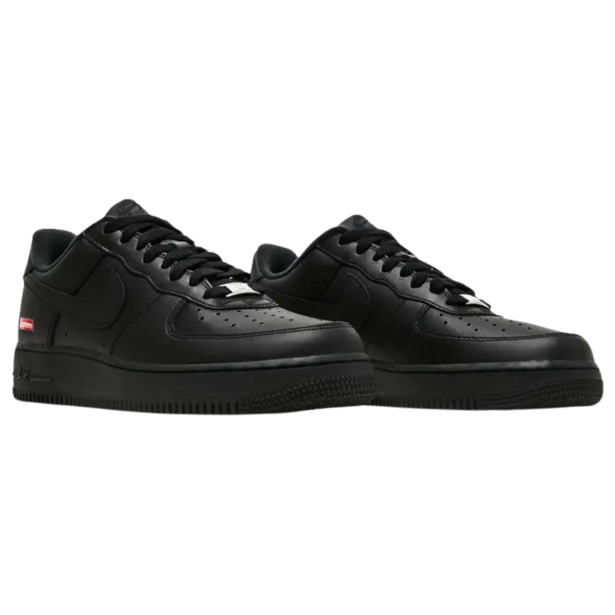 The Supreme x Air Force 1 Low ‘Box Logo’ debuted in the Spring/Summer 2020 collection, featuring a minimalist all-black full-grain leather upper. Supreme's iconic red box logo is displayed on the lateral heel and custom sockliner, alongside a Nike Air logo. The sneaker comes with an additional set of black laces, each printed with Supreme branding, completing the sleek and understated design.