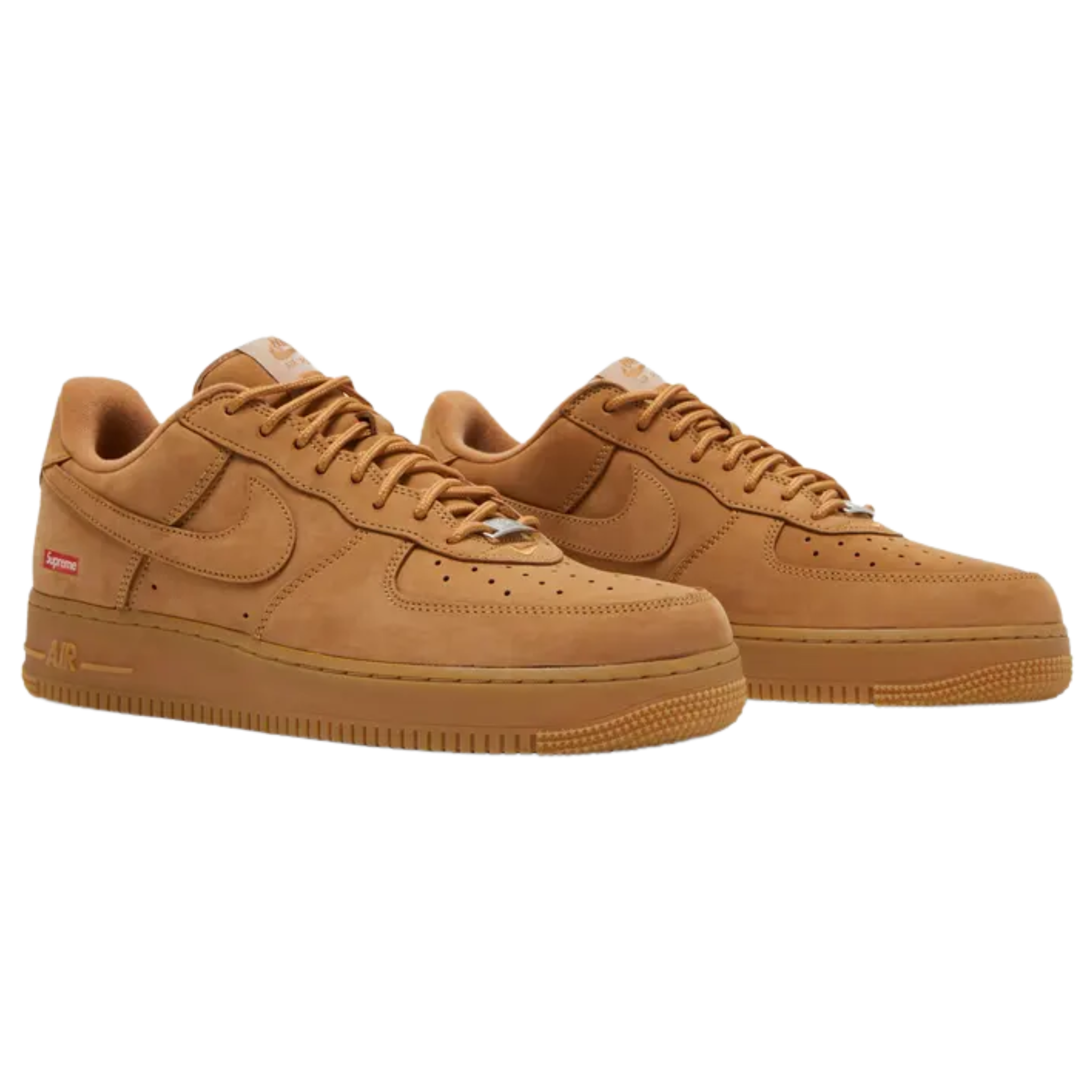 The Supreme x Nike Air Force 1 Low SP ‘Box Logo - Wheat’ features a smooth nubuck upper in a monochrome beige hue, reminiscent of Timberland’s iconic work boots. The sneaker is lined with soft DURAPLUSH and accented with Supreme’s red box logo on the lateral heel. Dual branding appears on the woven tongue tag, sockliner, and metallic lace jewels. The shoe is built on a gum rubber cupsole with Nike Air cushioning in the heel for comfort and support.