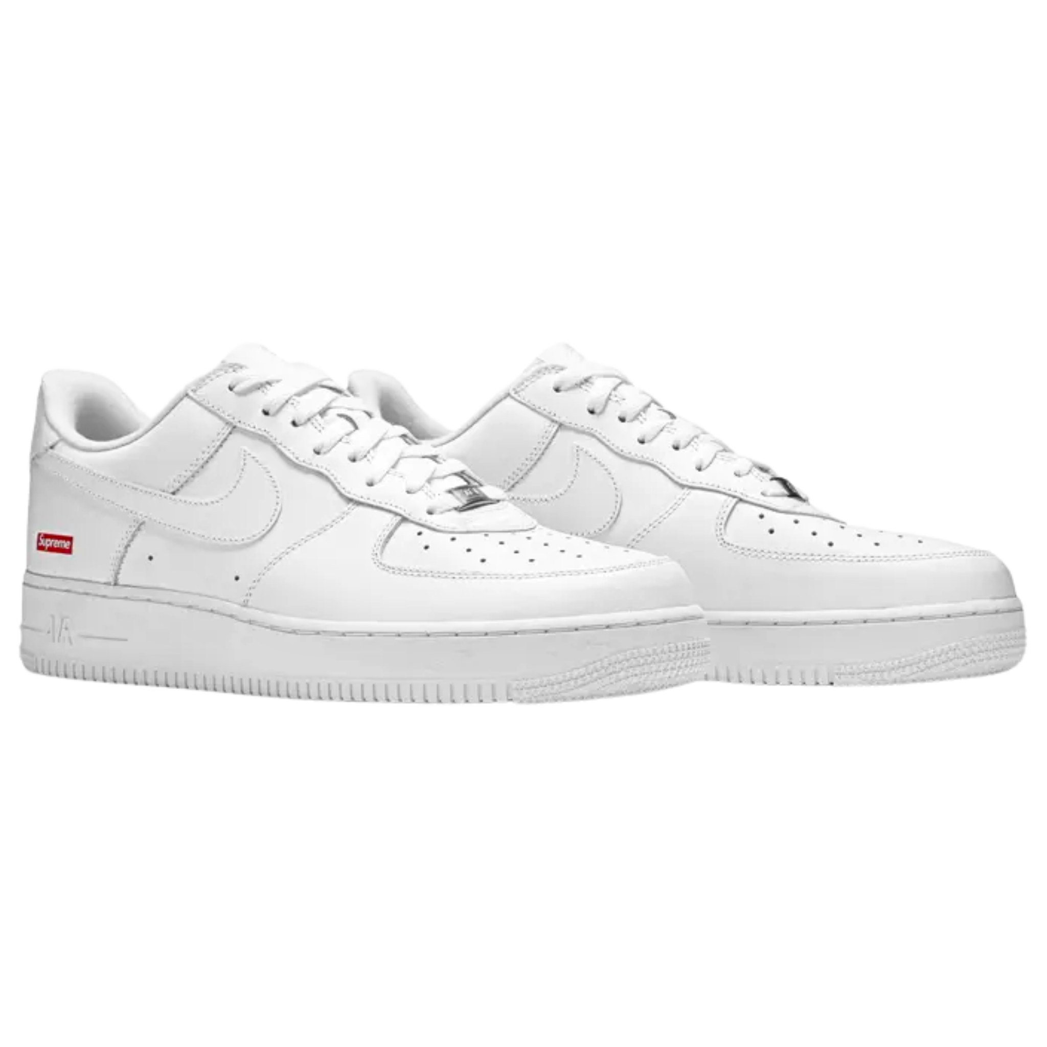 The Supreme x Air Force 1 Low ‘Box Logo’ from the Spring/Summer 2020 collection features a minimalist white full-grain leather upper, highlighted by Supreme’s red box logo on the lateral heel. Additional Supreme branding is found on the custom sockliner, and a secondary set of red laces adds a bold contrast to the clean design.
