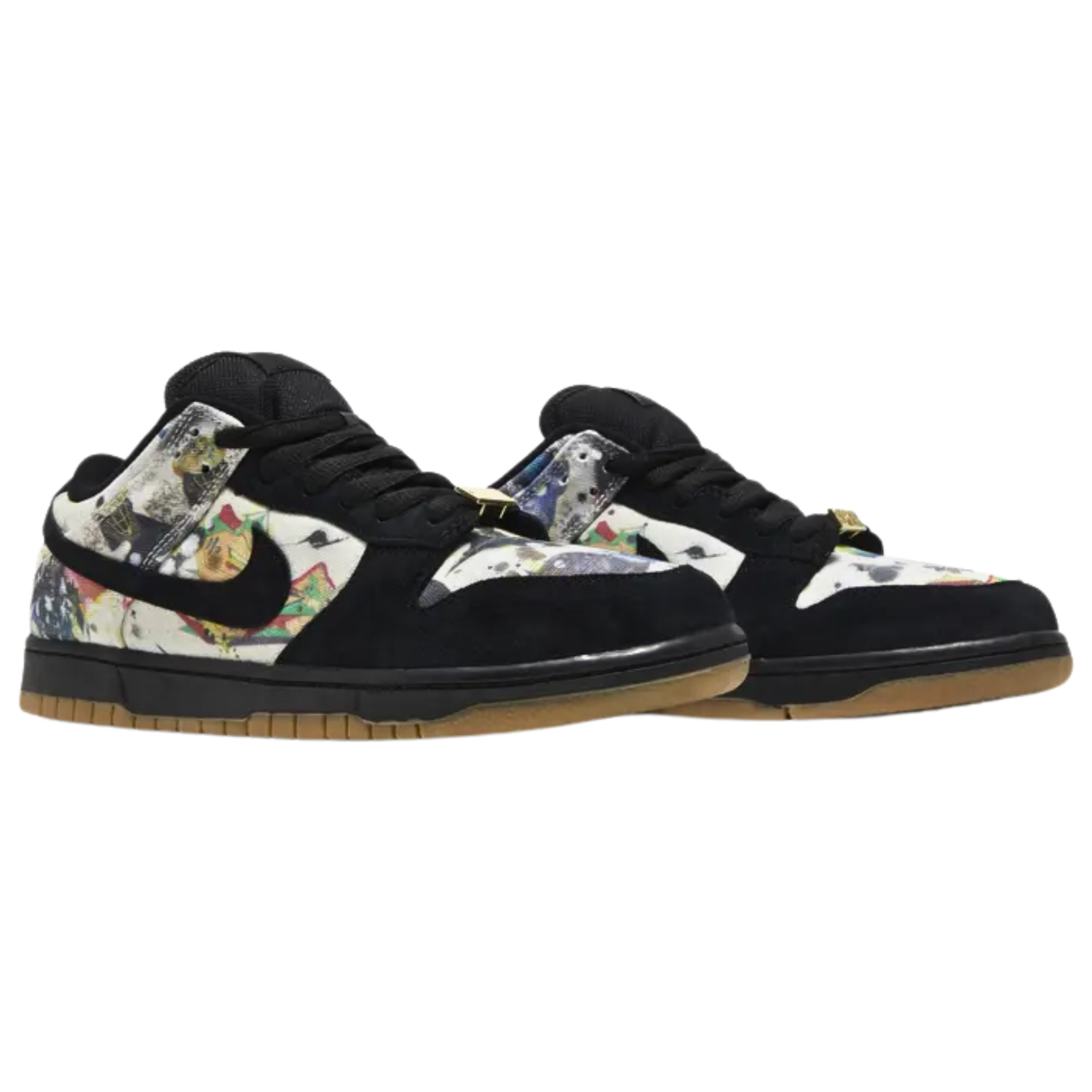 The Supreme x Nike Dunk Low SB ‘Rammellzee’ features a canvas upper adorned with the late artist’s original graffiti designs. Durable black suede is used on the eyestay, Swoosh, and forefoot overlay, complemented by a padded mesh tongue and textile collar lining. Metallic gold ‘Supreme’ lace dubrae add gleaming accents. The sneaker rests on a durable cupsole with black sidewalls and a gum rubber outsole, combining artistic expression with skate-ready performance.