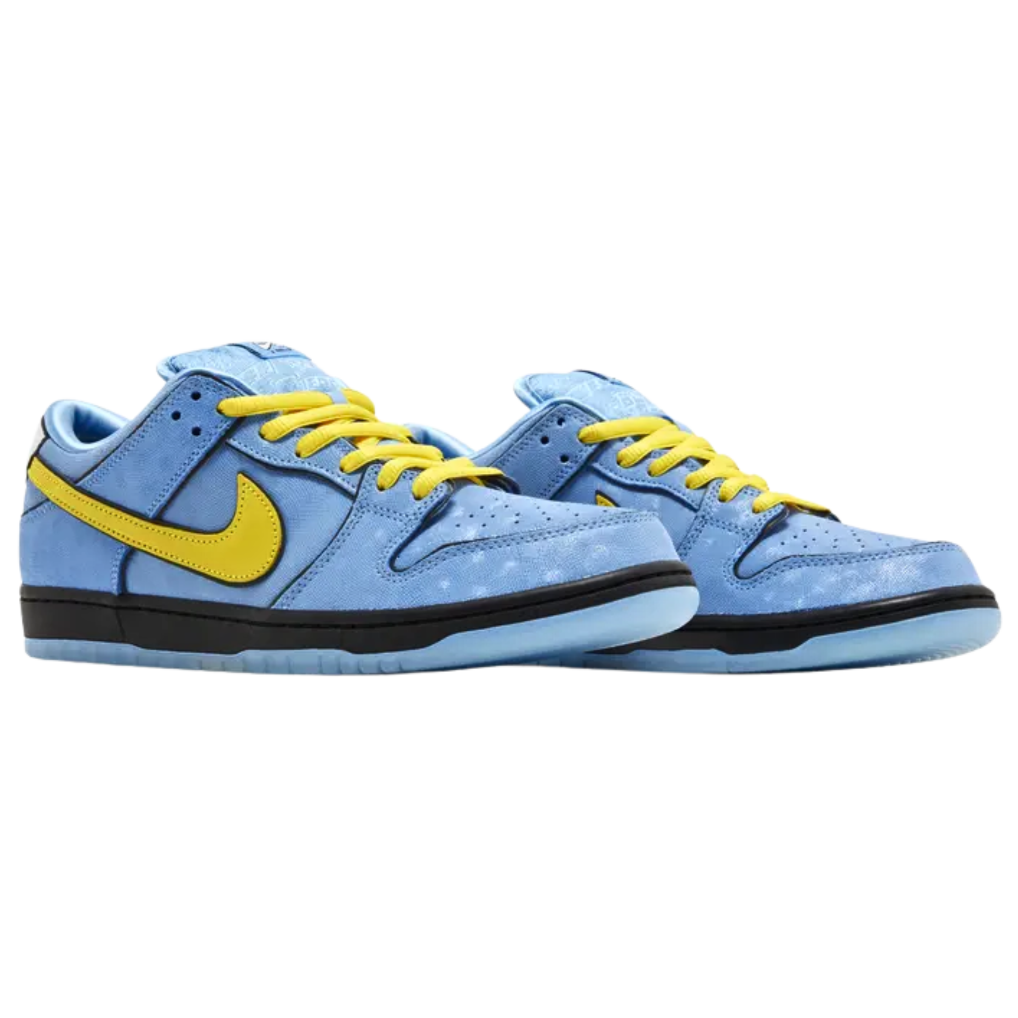 The Powerpuff Girls x Nike Dunk Low Pro SB QS ‘Bubbles’ features a textured blue leather upper with shiny satin lining, black piping, and a contrasting yellow Swoosh. Enlarged heel tabs reflect Bubbles' blue eyes, while the Powerpuff Girls logo appears on a repeating pattern on the stuffed tongue. The sneaker is supported by a durable black midsole and a blue-tinged translucent rubber outsole, combining playful design with functionality.