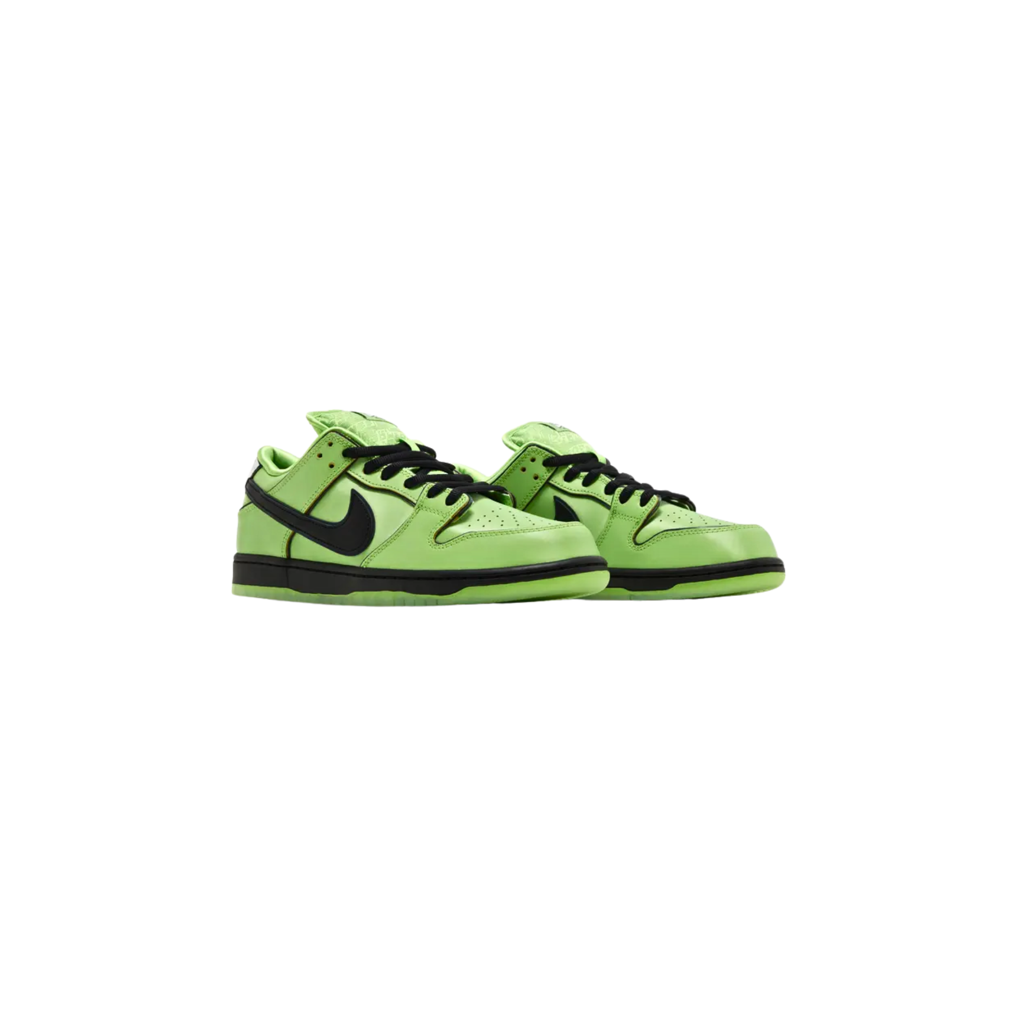 The Nike Dunk Low Pro SB QS PS ‘Buttercup,’ part of a Powerpuff Girls-inspired collection, features a bright green leather upper with reflective piping and a black Swoosh. The nylon tongue is adorned with a woven Nike SB tag, showcasing Buttercup's name, while the repeating Powerpuff Girls logo lines the interior. Embroidered eyes on the heel tabs and Mojo Jojo’s image on the right sockliner add unique touches. A solid black midsole and green-tinged translucent rubber outsole complete the design.