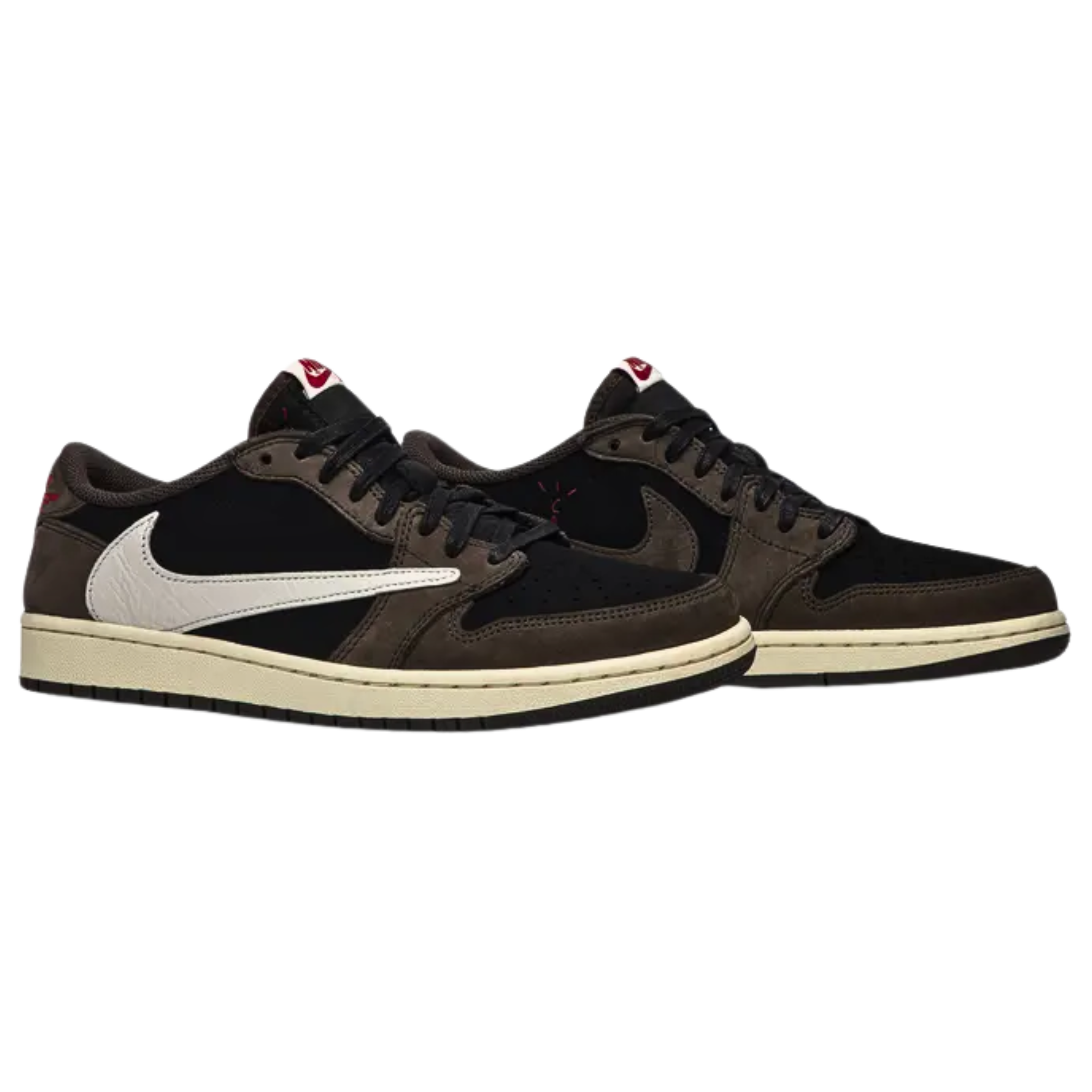 The Travis Scott x Air Jordan 1 Low features a black and Dark Mocha nubuck upper with University Red accents. The shoe showcases an oversized backward-facing Swoosh on the lateral side, a standard Swoosh on the medial side, and subtle 'Cactus Jack' branding on the tongue, panel, and sockliner. The back heel tabs feature stitched logos: Air Jordan Wings on the right and Scott’s face on the left.