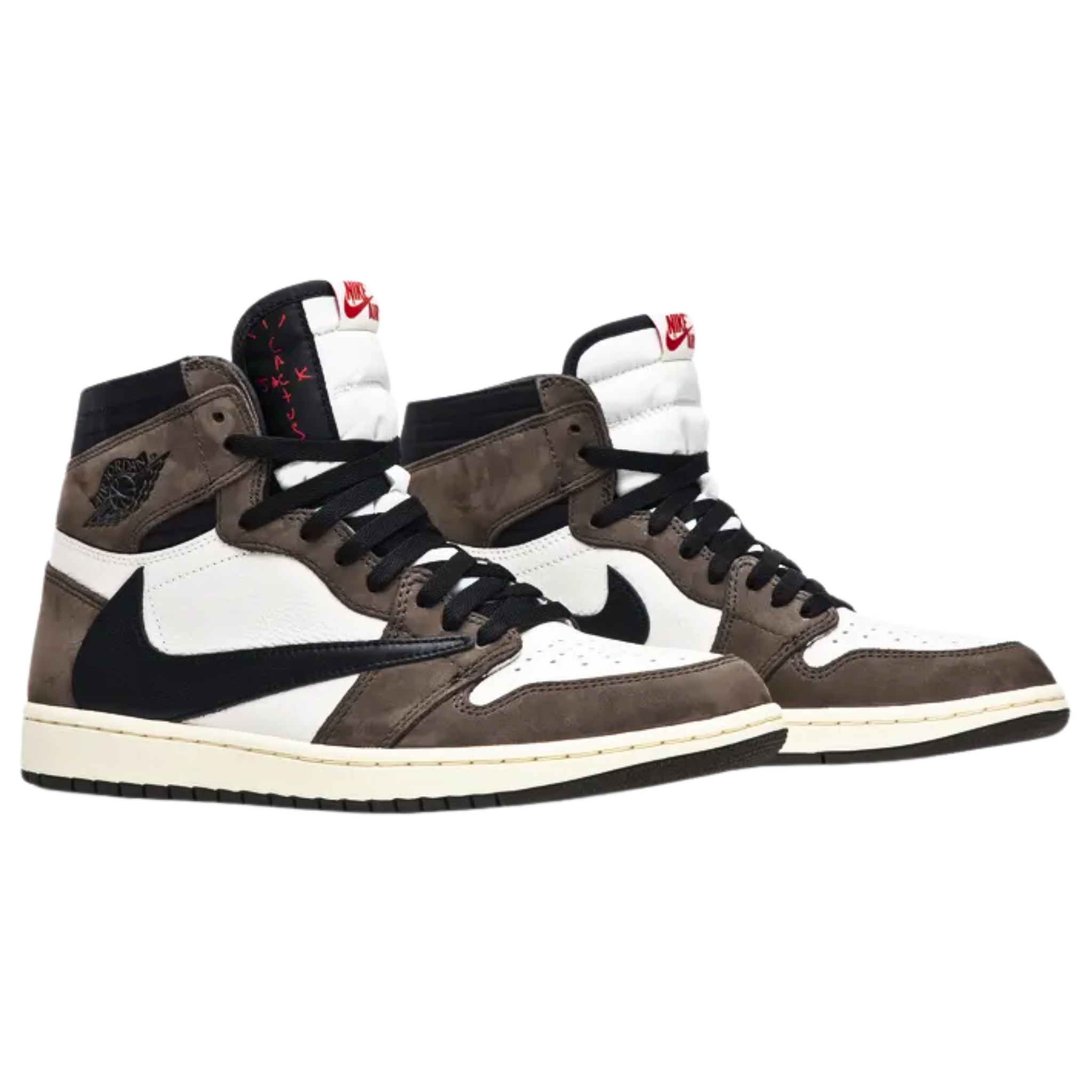 The Travis Scott x Air Jordan 1 Retro High features a white leather and brown suede upper with an oversized backward-facing Swoosh on the lateral side and a traditional Swoosh on the medial side. The shoe also includes a double-layer collar and Scott’s face logo embossed on the heel.