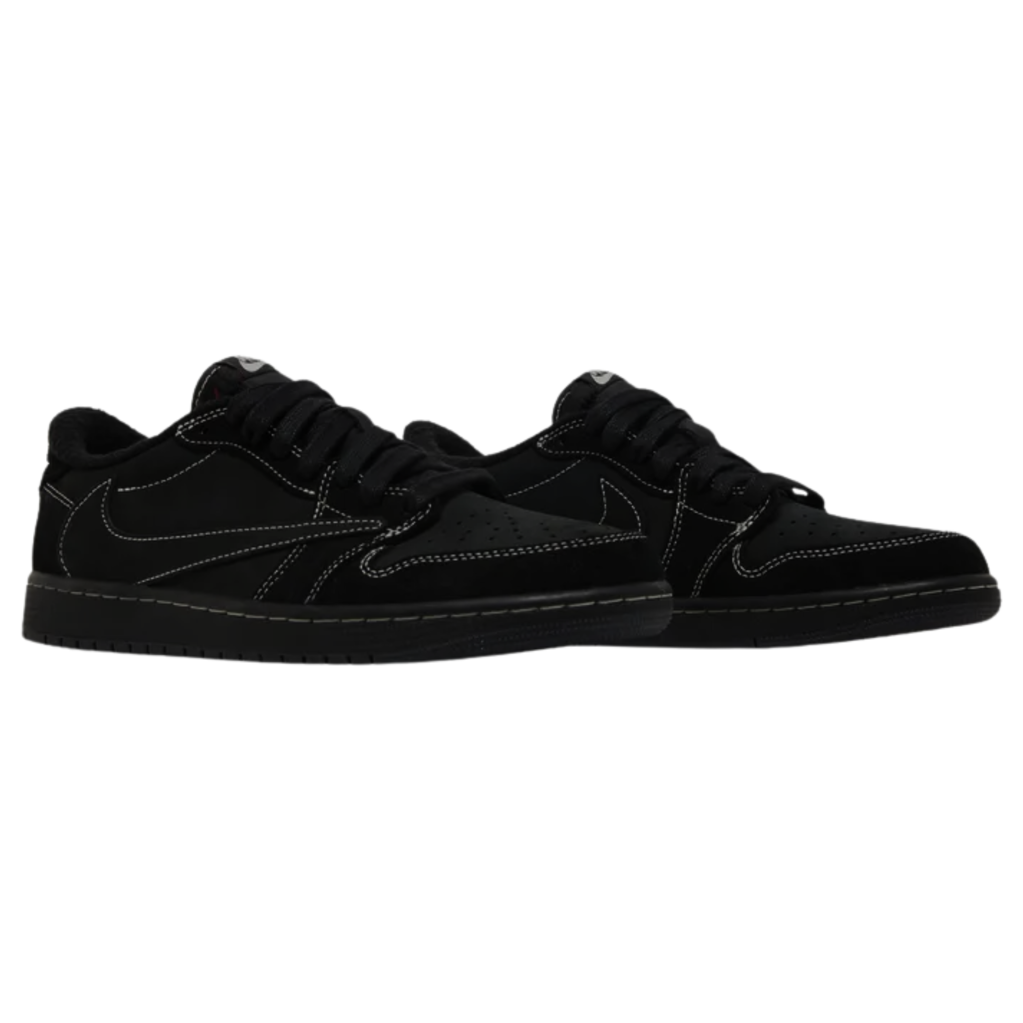 Travis Scott x Air Jordan 1 Retro Low OG SP ‘Black Phantom’ featuring a black nubuck upper with tonal suede overlays and contrast white stitching. The sneaker includes a reverse Swoosh on the lateral side, a traditional Swoosh on the opposite side with Cactus Jack branding, mismatched heel tabs with a retro Wings logo on the right shoe and an embroidered bee motif on the left, and a black rubber cupsole with stitched sidewall construction and encapsulated Air-sole cushioning.