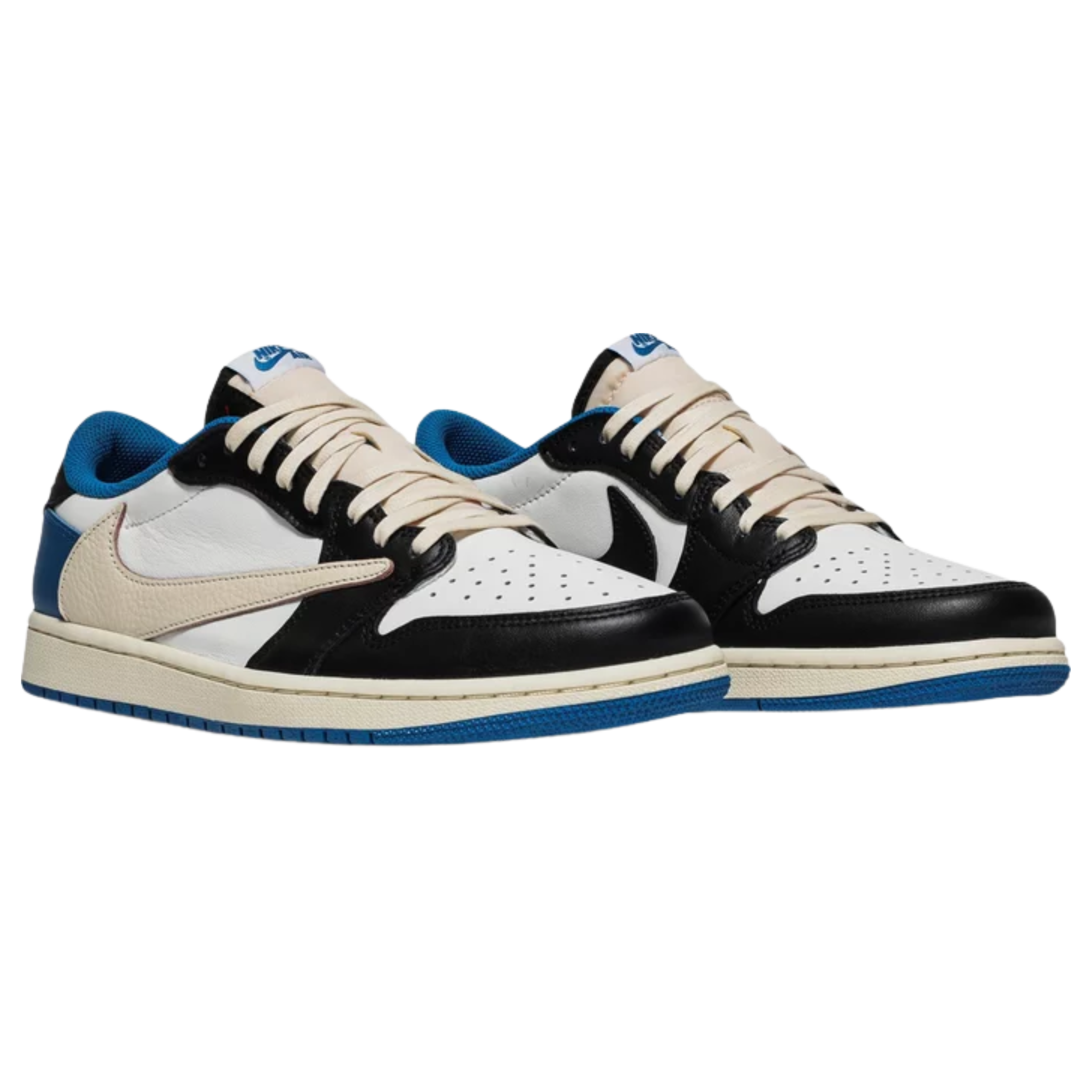 Fragment Design x Travis Scott x Air Jordan 1 Retro Low featuring a white leather upper with black and royal blue overlays. The sneaker includes Scott’s oversized inverted Swoosh in off-white on the lateral side, a black standard Swoosh on the opposite side, and Cactus Jack branding with a smiley face logo on the left heel tab. The right heel tab features a Jordan Wings logo and Fragment’s lightning bolt trademark.
