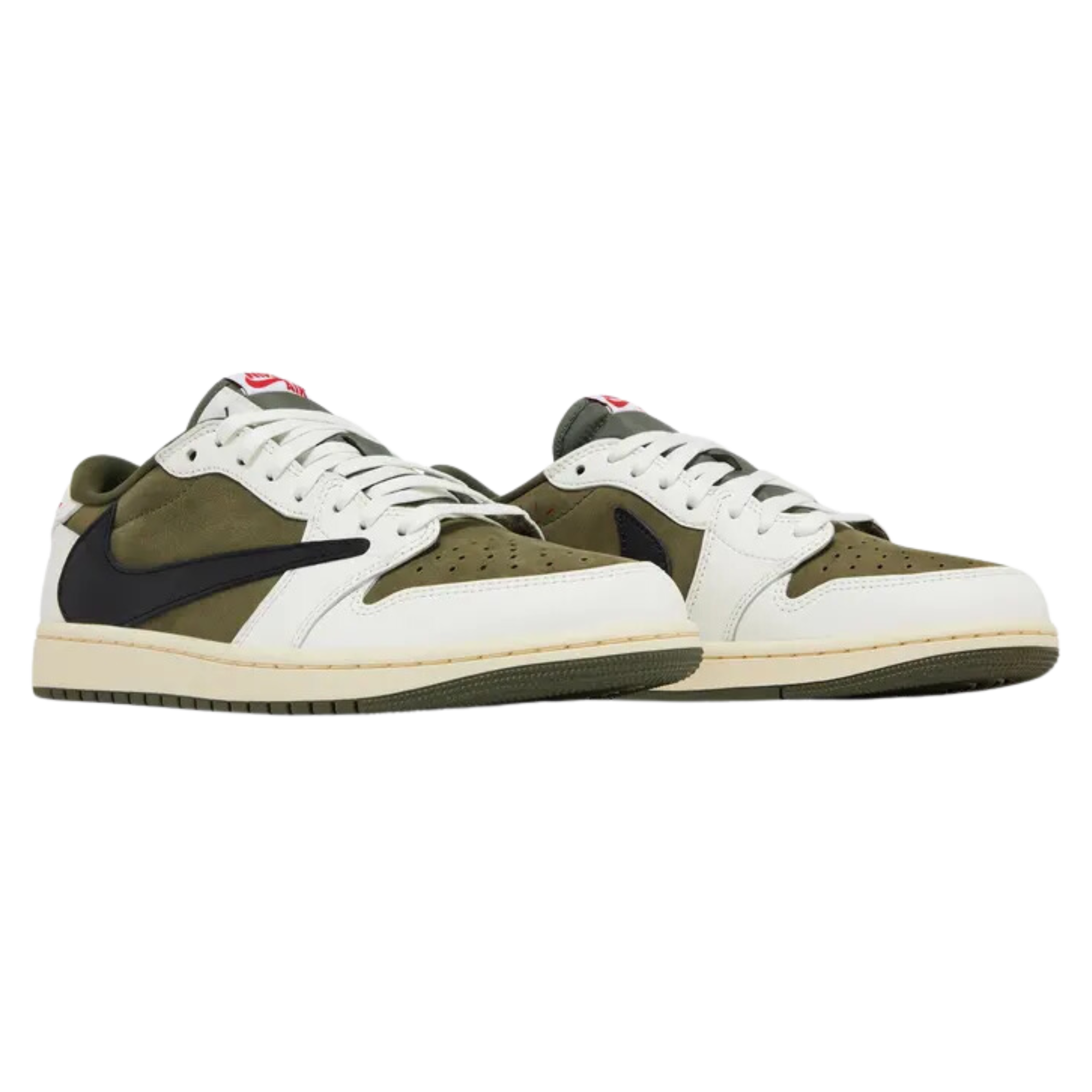 Travis Scott x Air Jordan 1 Retro Low OG SP 'Reverse Olive / Medium Olive' featuring an olive green suede base with chalk white leather overlays and a black tumbled leather reverse Swoosh. The sneaker includes crimson accents on the Nike Air tongue tag, mismatched Jordan Wings and Cactus Jack branding on the leather back tabs, and a vintage off-white midsole with an olive rubber outsole for grip.
