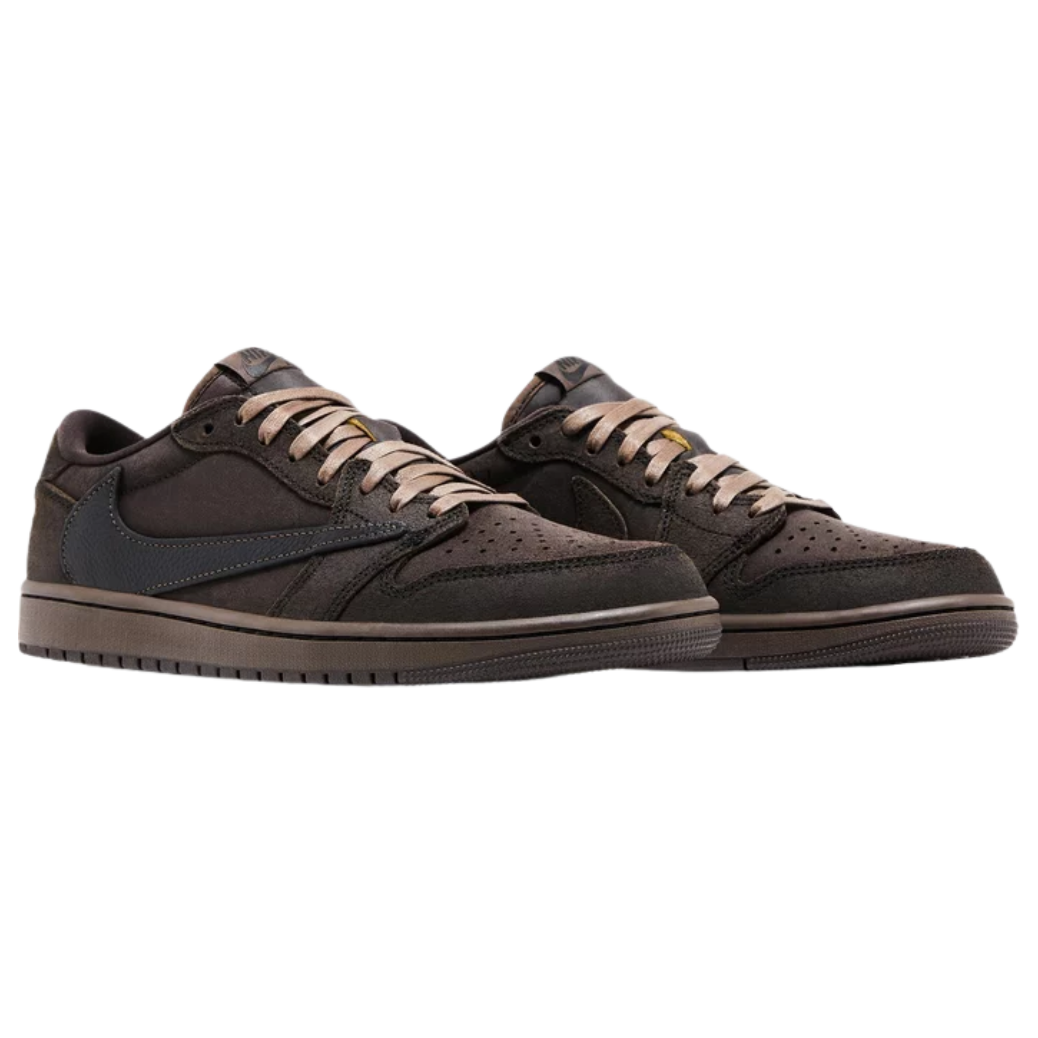 Travis Scott x Air Jordan 1 Retro Low OG SP 'Velvet Brown' featuring a black tumbled leather and brown suede upper with a reverse Swoosh. The sneaker includes a woven Nike Air tag on the brown nylon tongue, mismatched Cactus Jack and Jordan Wings branding on the back tabs, and a brown rubber cupsole with an encapsulated Air-sole unit in the heel.