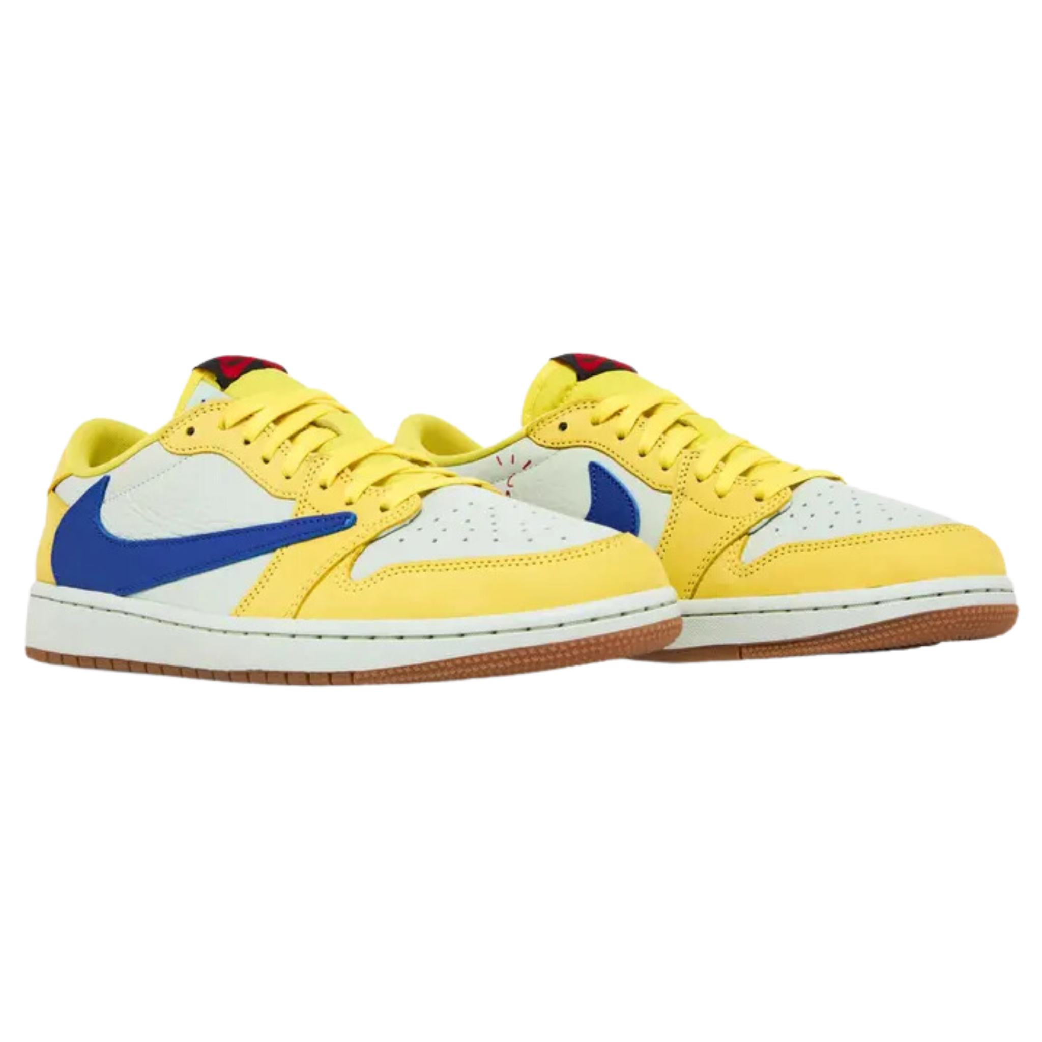 Travis Scott x Women's Air Jordan 1 Retro Low OG SP 'Canary' (Elkins) featuring a white leather upper with yellow overlays at the forefoot and heel. The sneaker includes a Racer Blue reverse Swoosh, a red and black Nike Air tag on the tongue, mismatched Cactus Jack and Jordan Wings branding on the heel tabs, and a traditional cupsole with white textured sidewalls and a gum rubber outsole.