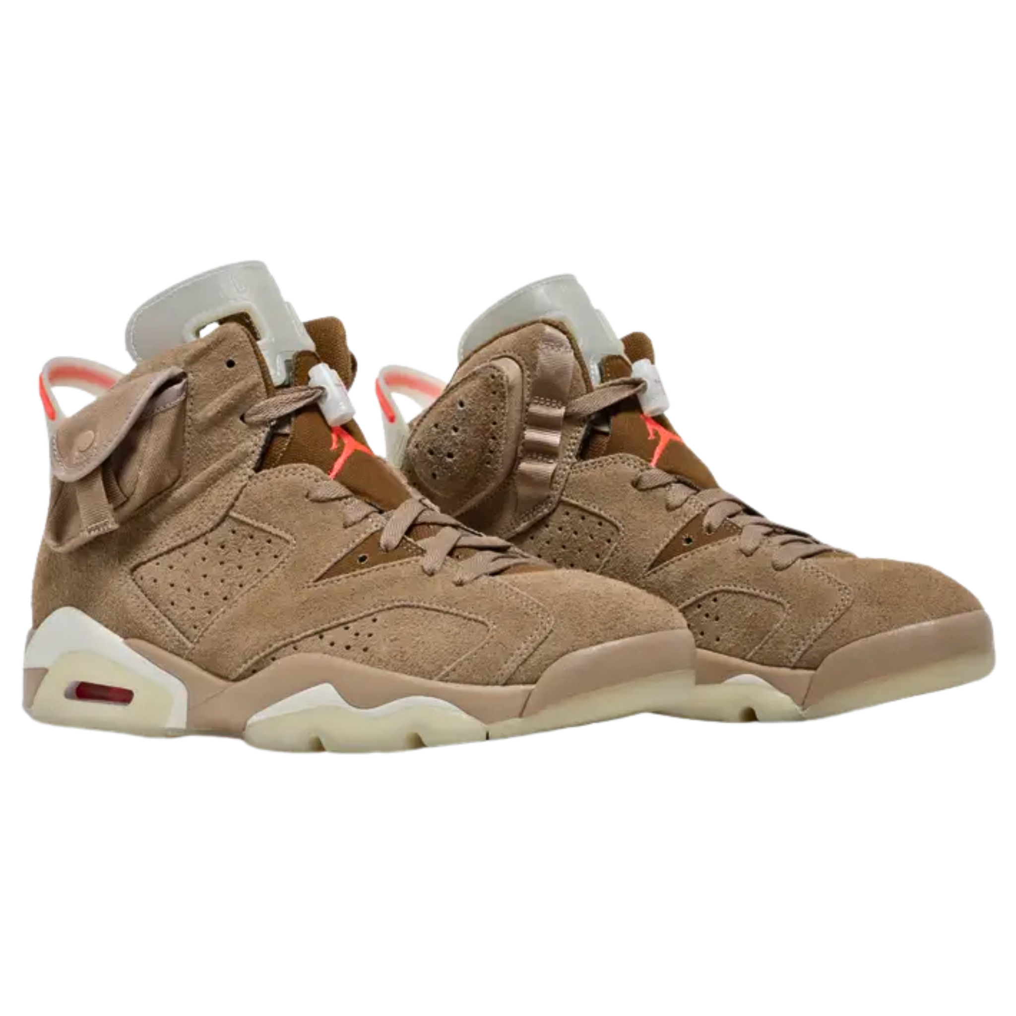 Travis Scott x Air Jordan 6 Retro 'British Khaki' featuring a suede and canvas upper with Bright Crimson accents. The design includes a stash pouch on the lateral collar, zippered detailing on the medial side, and mismatched Nike Air and Cactus Jack branding on the heels. Additional graphics are featured on the midsole, outsole, tongue, and lace lock.