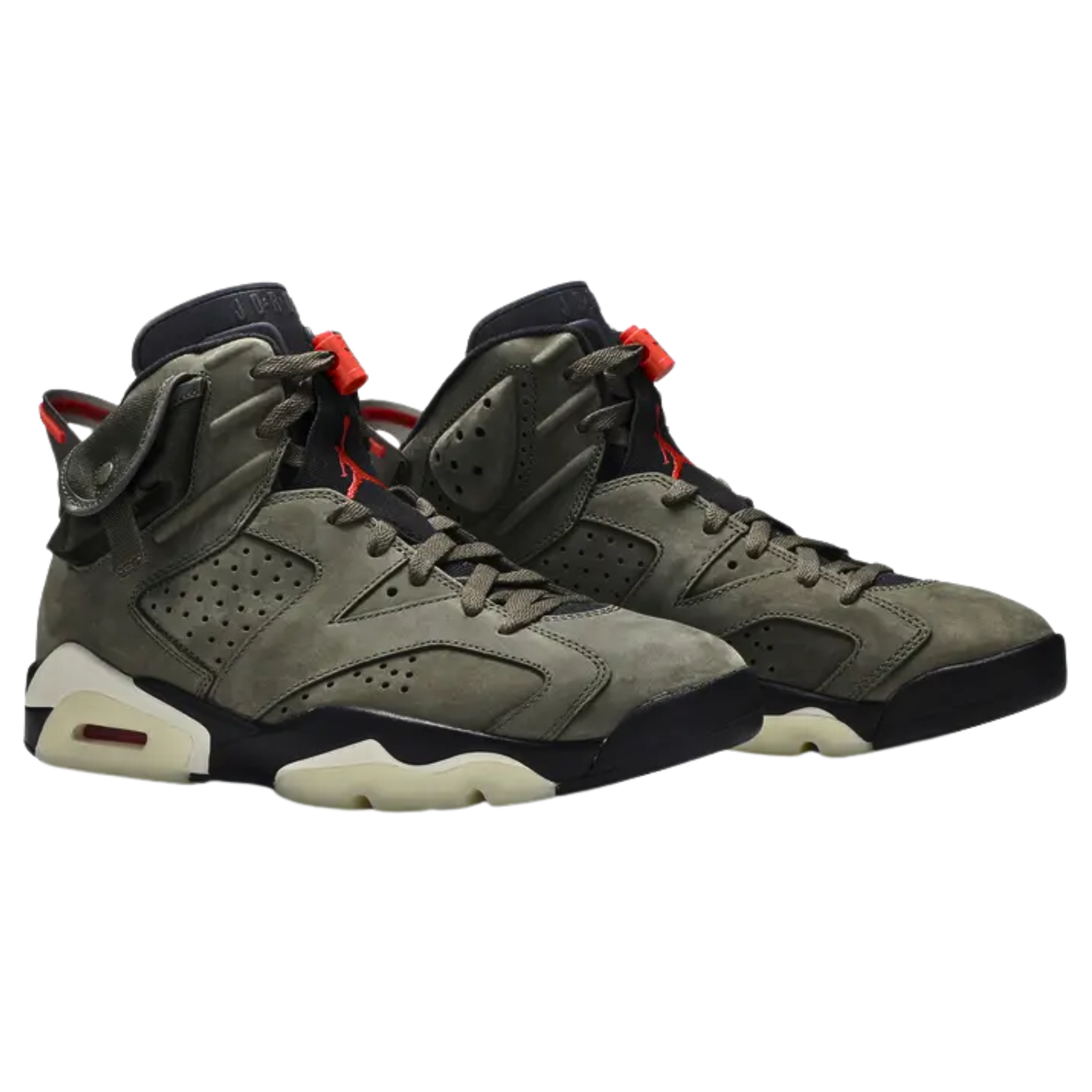 The Travis Scott x Air Jordan 6 Retro 'Olive' features a Medium Olive and black nubuck and suede upper with Sail and University Red accents, a small pocket on the collar, 'Cactus Jack' branding on the heel, and a glow-in-the-dark translucent outsole.