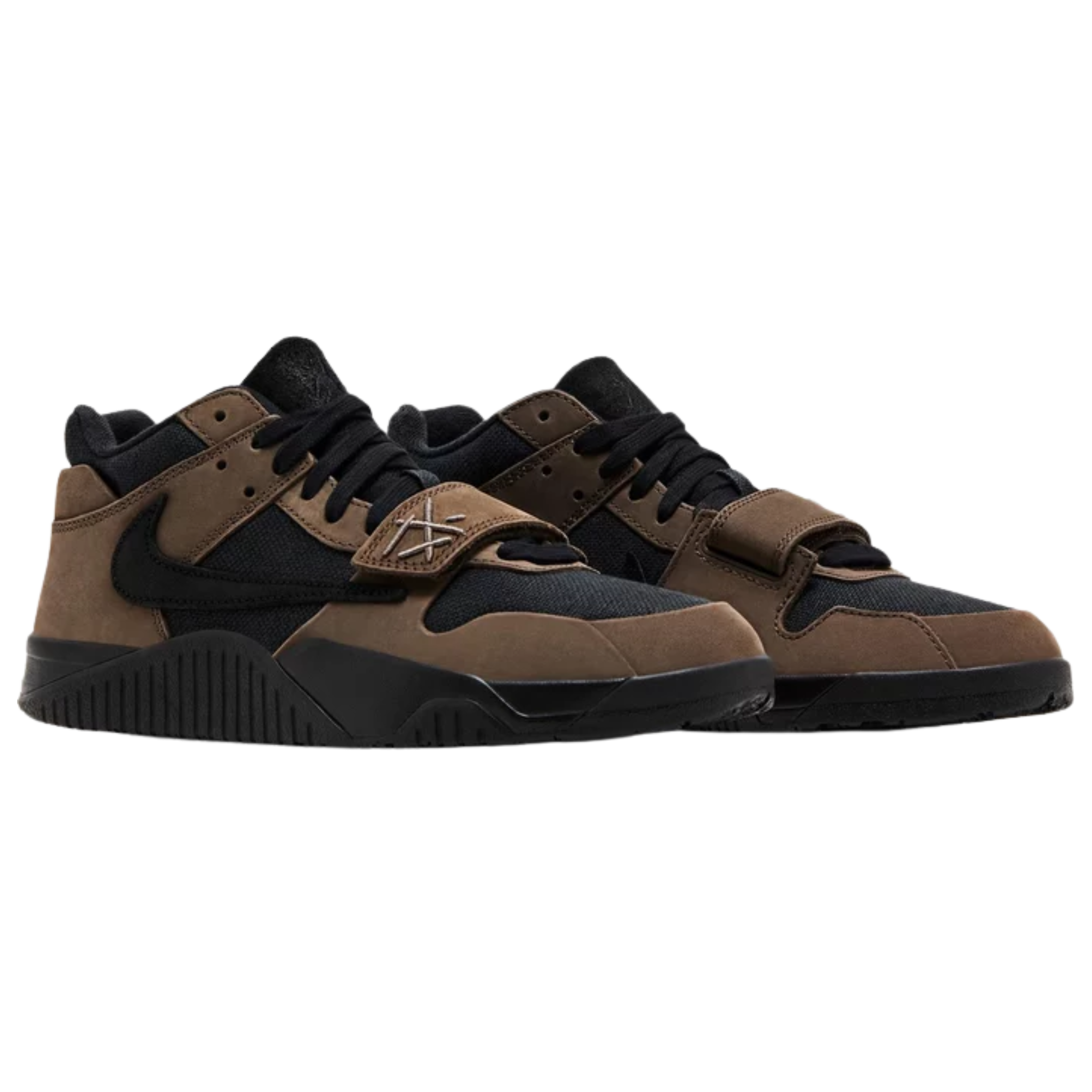Travis Scott x Jordan Jumpman Jack TR 'Dark Mocha' featuring a black canvas upper with brown nubuck overlays and a black suede reverse Swoosh. The sneaker includes tonal Jumpman branding on the tongue, Cactus Jack smiley logo on the back heel, and 'TS' embroidery on the forefoot strap. A black rubber outsole with an oversized 'Jack' graphic and a matching black foam midsole provide durability and traction.