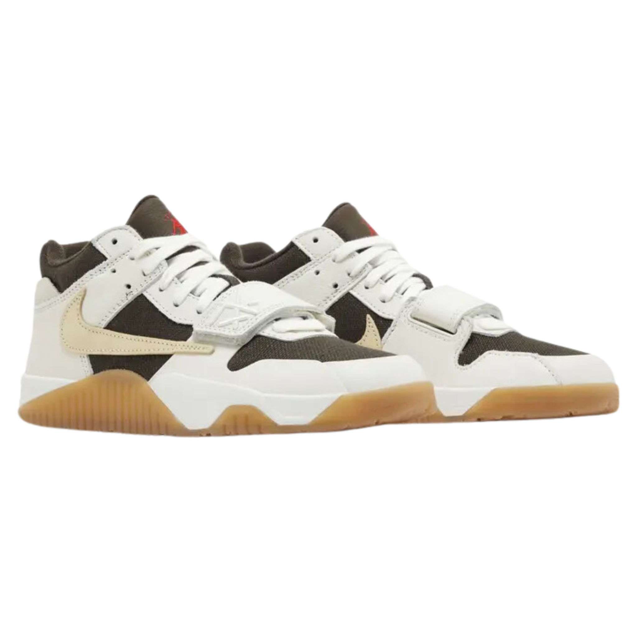 Travis Scott x Jordan Jumpman Jack TR 'Sail' featuring a dark brown canvas upper with off-white leather overlays and a reverse beige Swoosh. The sneaker includes crimson accents on the Jumpman icon on the tongue, Cactus Jack face logo on the back heel, and a grippy gum rubber outsole with a wear-away 'Jack' wordmark, wrapped by a white foam midsole.