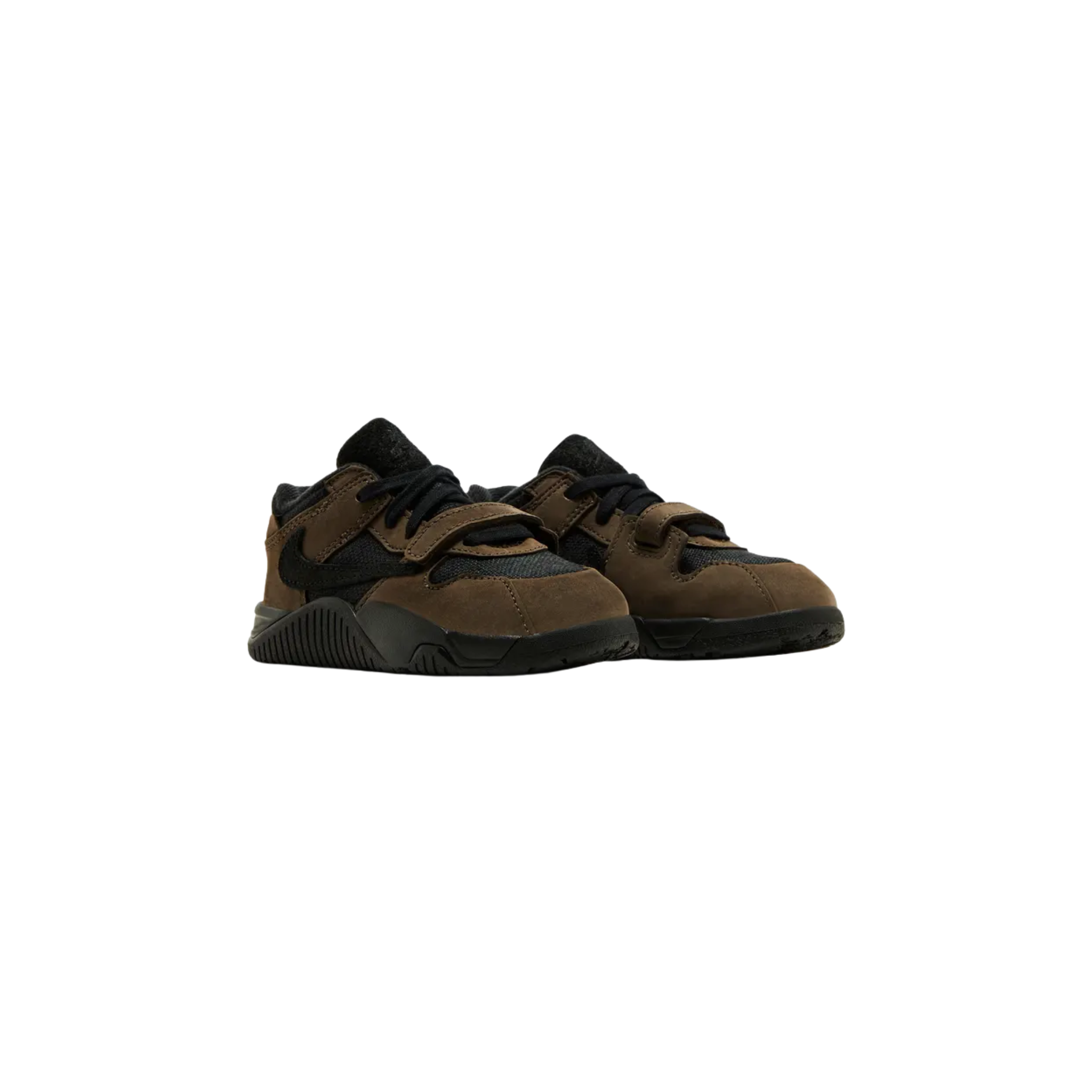 The Travis Scott x Jordan Jumpman Jack TR TD 'Dark Mocha' features a dark mocha upper with contrasting beige accents, oversized reverse Swoosh, and signature Cactus Jack branding on the heel and tongue.