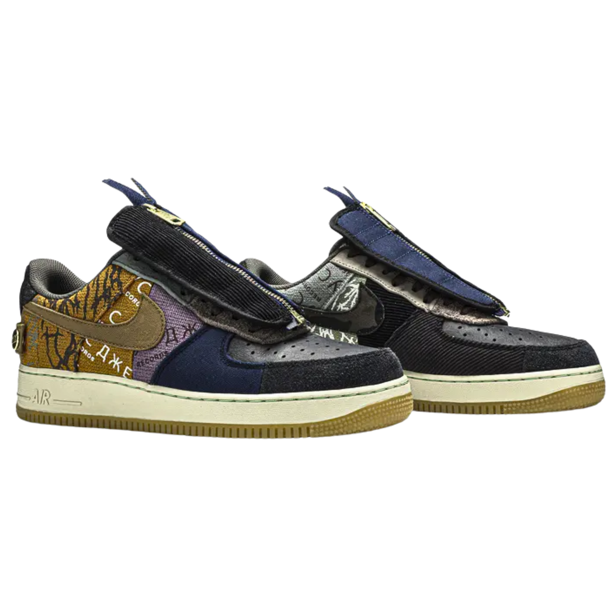 The Travis Scott x Air Force 1 Low 'Cactus Jack' features a mix of printed canvas, leather, and suede uppers with utilitarian details like zipped corduroy lace shrouds and mismatched Swooshes. Released in November 2019, the sneaker sits on a classic AF1 midsole and gum rubber outsole, combining rugged style with signature Travis Scott design elements.