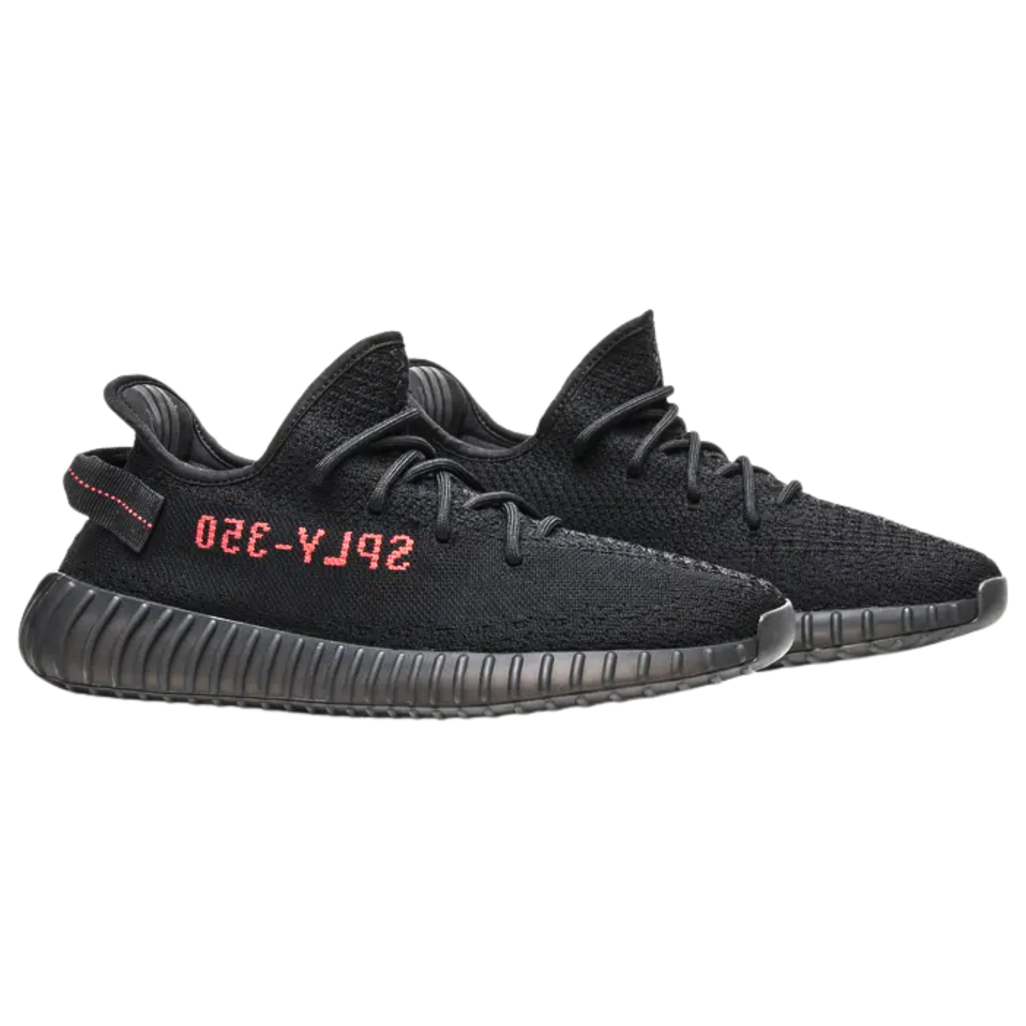 Shop the adidas Yeezy Boost 350 V2 ‘Bred,’ featuring a black Primeknit upper with a pronounced center seam and red SPLY-350 branding. The design includes a crimson embroidered pull tab and a full-length Boost midsole wrapped in semi-translucent black rubber for durability and support.