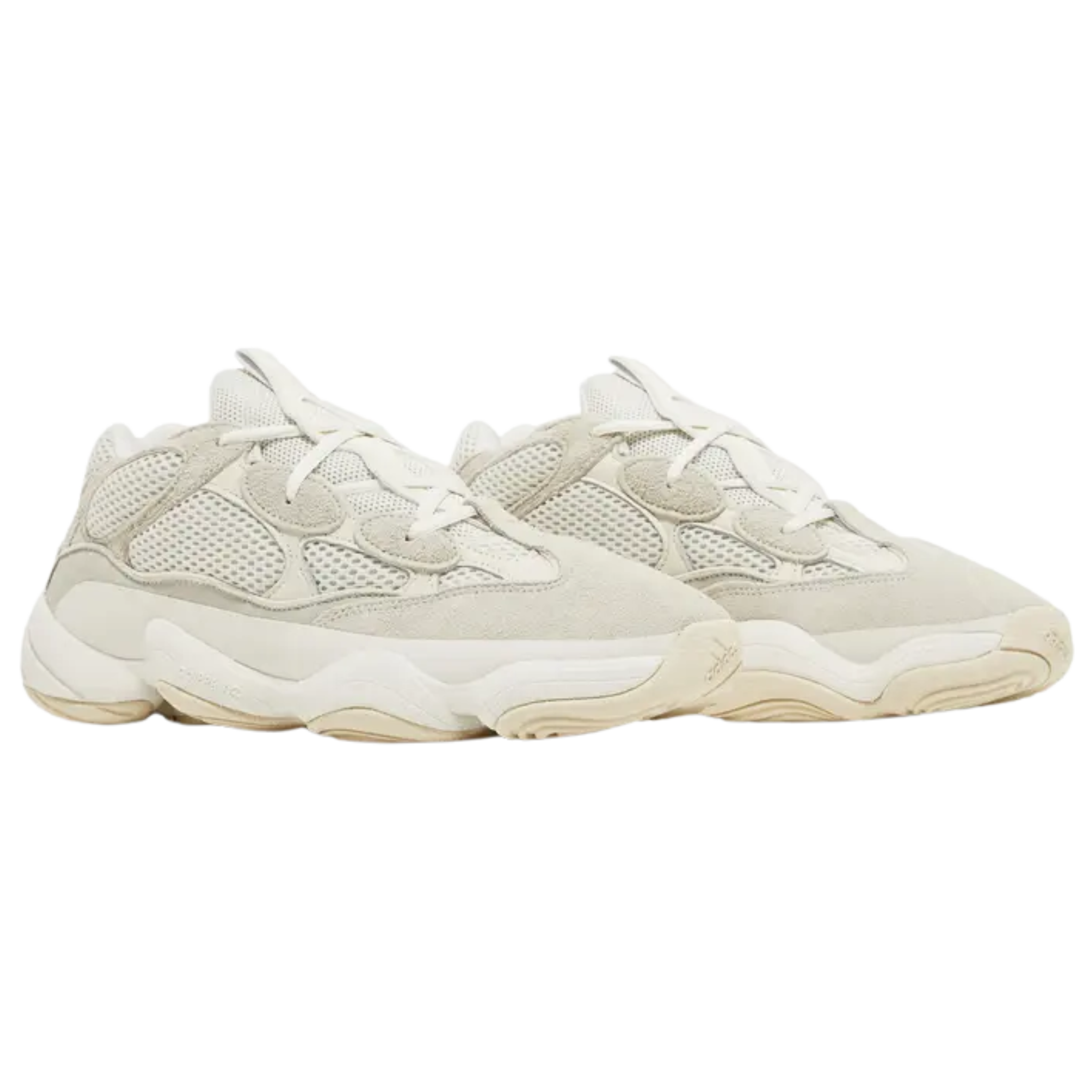 Shop the 2023 adidas Yeezy 500 ‘Bone White,’ featuring a subdued ivory colorway with a mesh upper and suede and leather overlays. The seamless rubber mudguard offers support and durability, while reflective piping enhances visibility. A podular adiPRENE+ midsole provides lightweight cushioning, inspired by the adidas KB8 3.