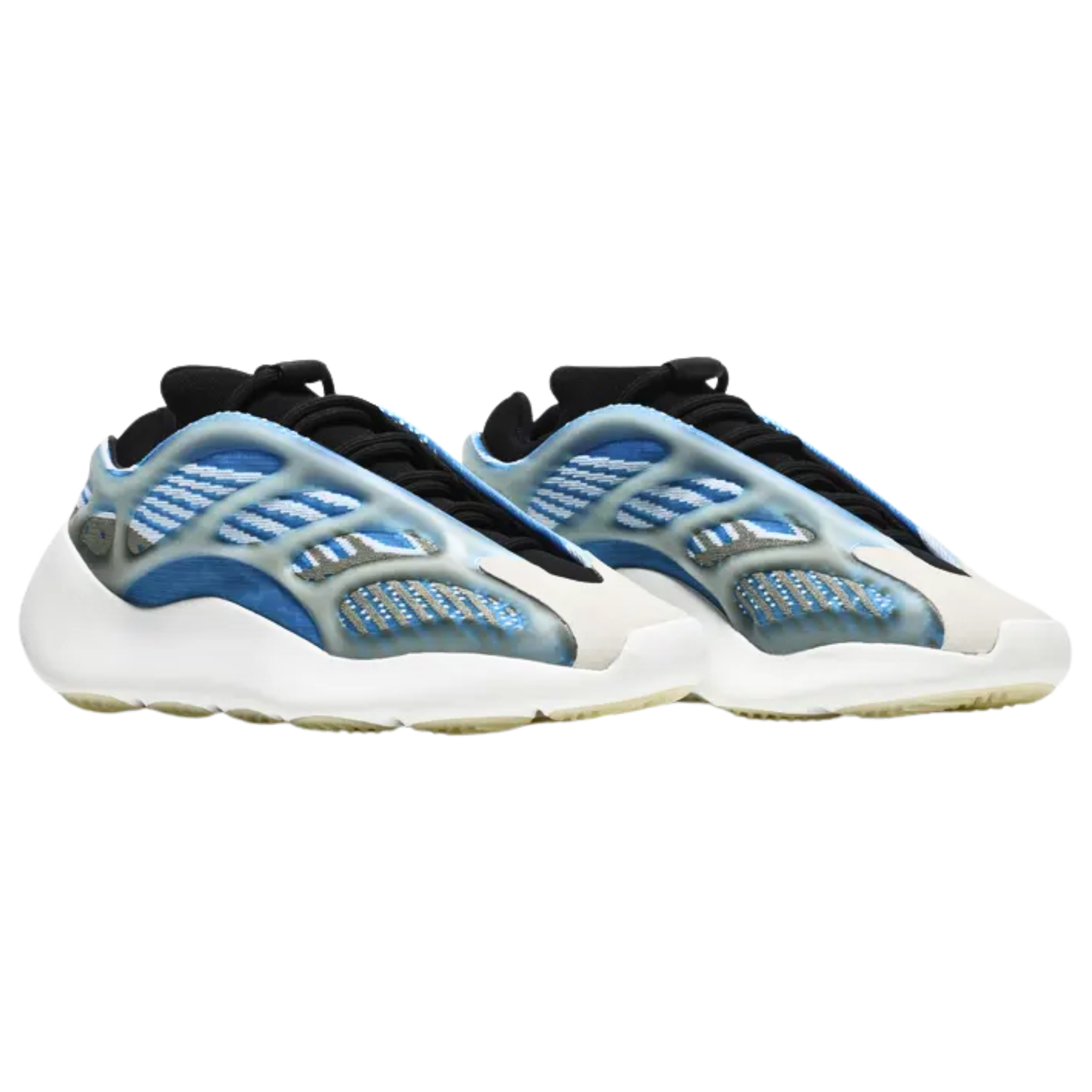 Shop the adidas Yeezy 700 V3 ‘Arzareth,’ featuring vibrant blue tones on a breathable knit upper with a semi-translucent RPU cage for added structure. The bootie-style collar ensures a snug ankle fit, while a PU-encapsulated EVA midsole and herringbone rubber outsole provide cushioning and grippy traction.