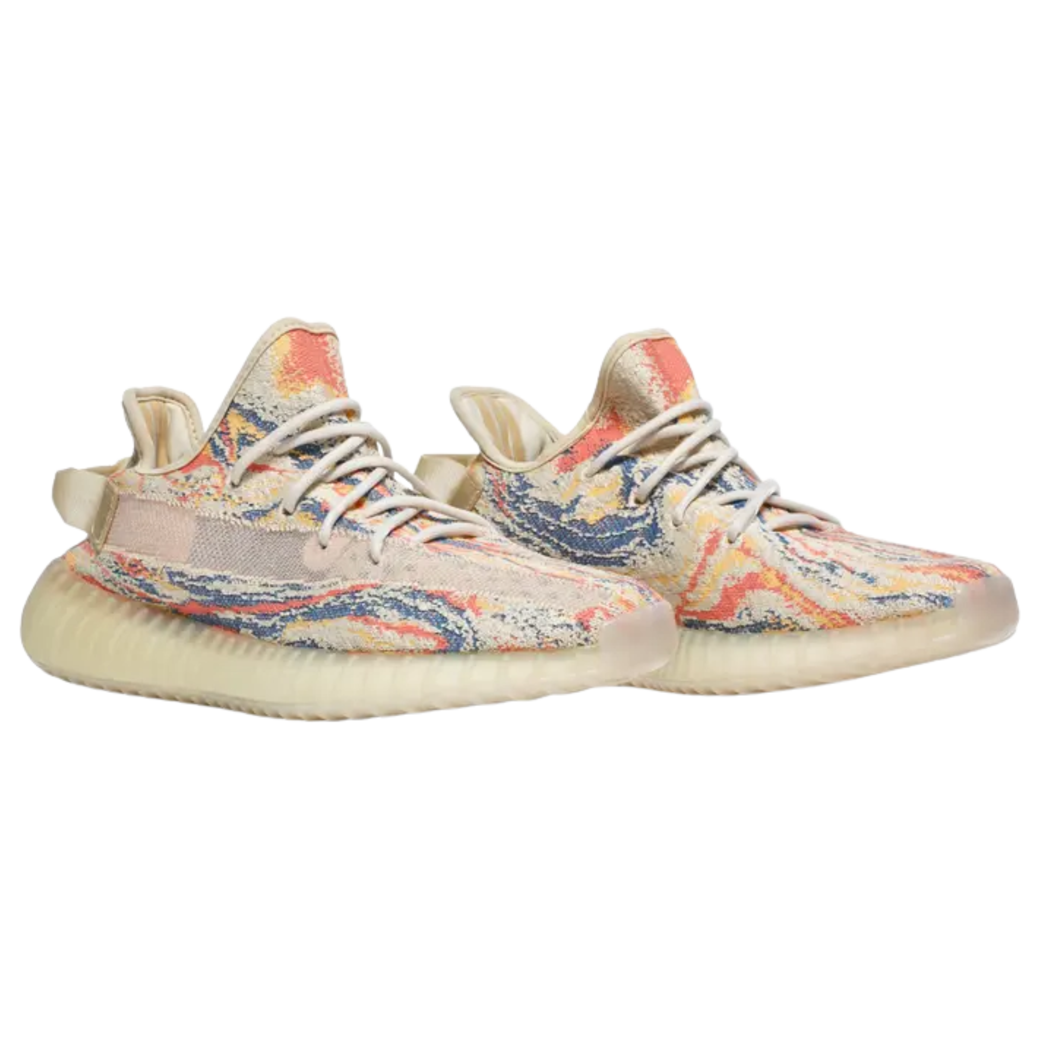 Discover the adidas Yeezy Boost 350 V2 ‘MX Oat’ with a vibrant tan, yellow, blue, and orange Primeknit upper. Featuring traditional lace closure, a pull tab, and a Boost midsole for responsive comfort, all wrapped in semi-translucent rubber.
