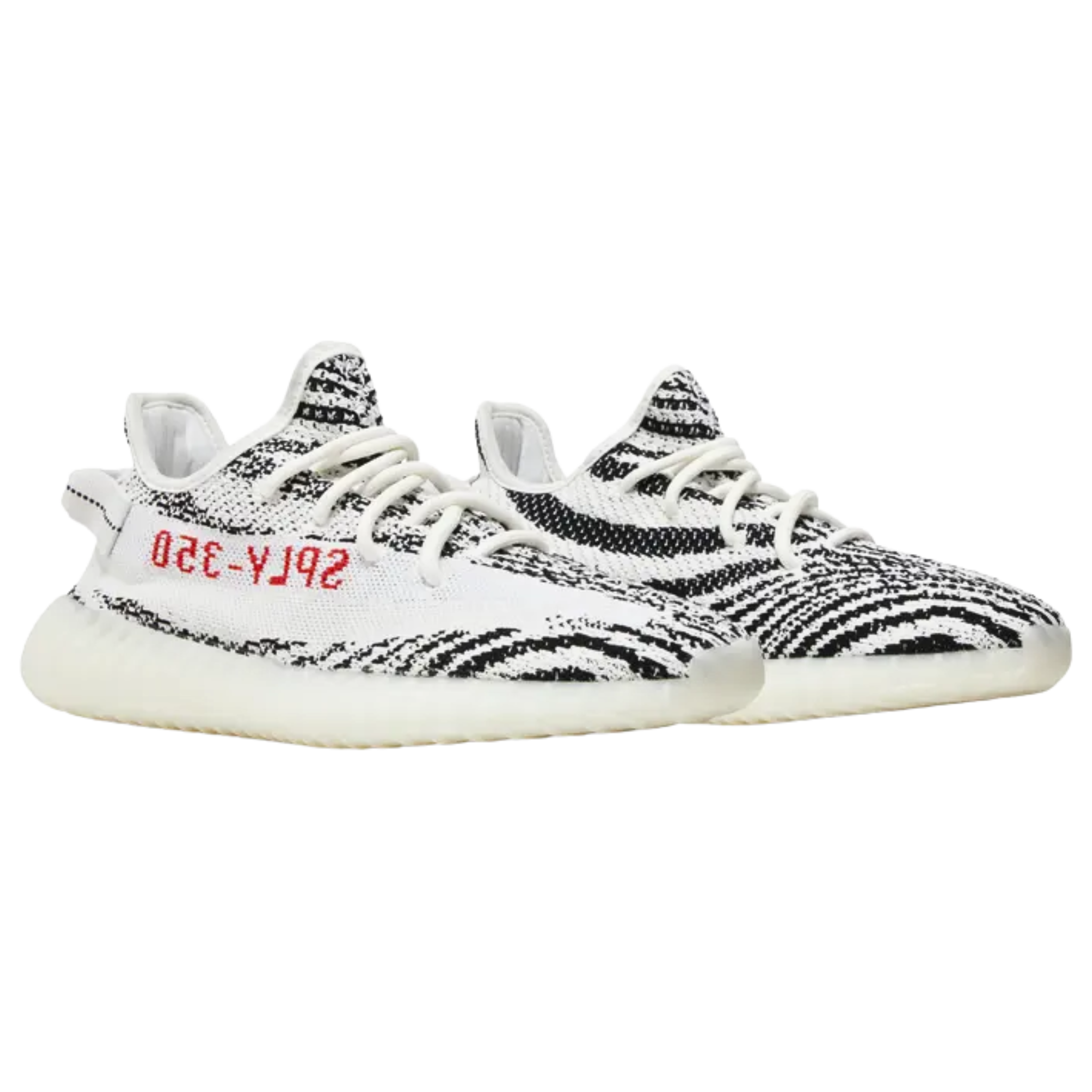 Shop the 2022 reissue of the adidas Yeezy Boost 350 V2 ‘Zebra,’ featuring a white Primeknit upper with black zebra stripes and red SPLY-350 branding. This minimalist sneaker offers a stitched pull tab for easy wear, full-length Boost cushioning, and a semi-translucent TPU cage with a grippy rubber outsole for traction and support.