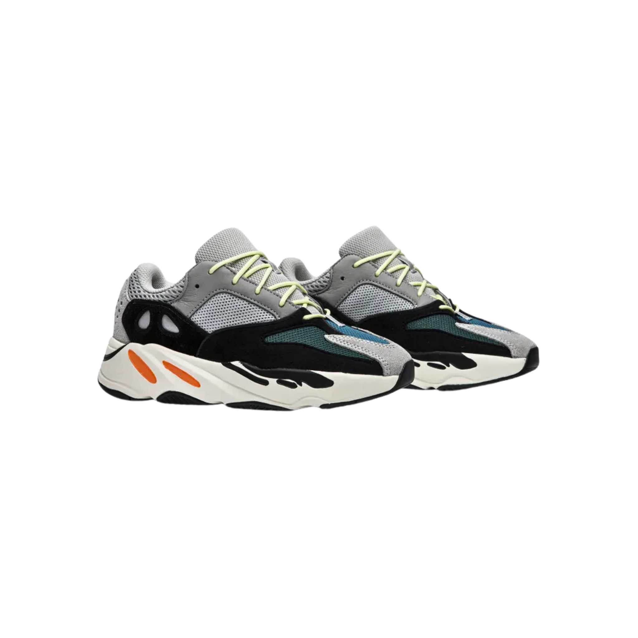 Shop the 2024 adidas Yeezy Boost 700 Kids ‘Wave Runner,’ featuring the OG 2017 colorway. The mixed-material upper combines pale grey mesh, reflective three-stripe branding, and contrasting dark teal and aqua blue hues. Black suede overlays reinforce the midfoot, while a full-length Boost midsole ensures comfort and support.