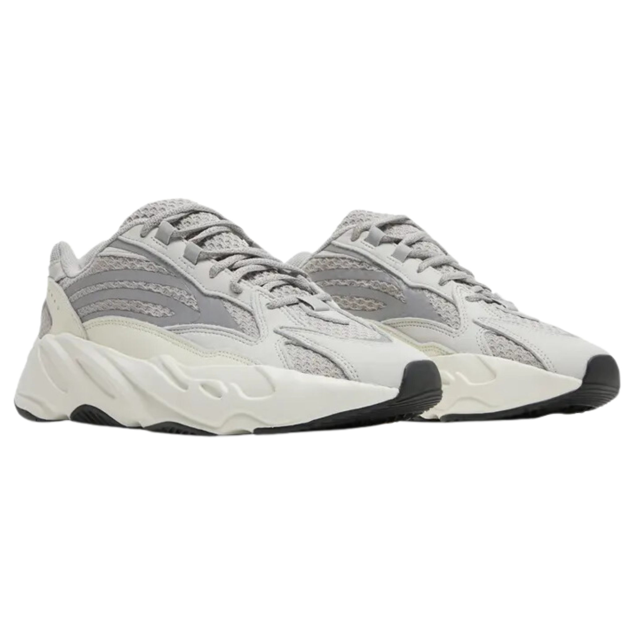 Shop the Yeezy Boost 700 V2 ‘Static’, an updated version of the original Wave Runner. Featuring a neutral colorway with grey and white tones, the upper combines mesh, reflective overlays, and leather paneling. The bulky white midsole is paired with a black rubber outsole for added support and style.