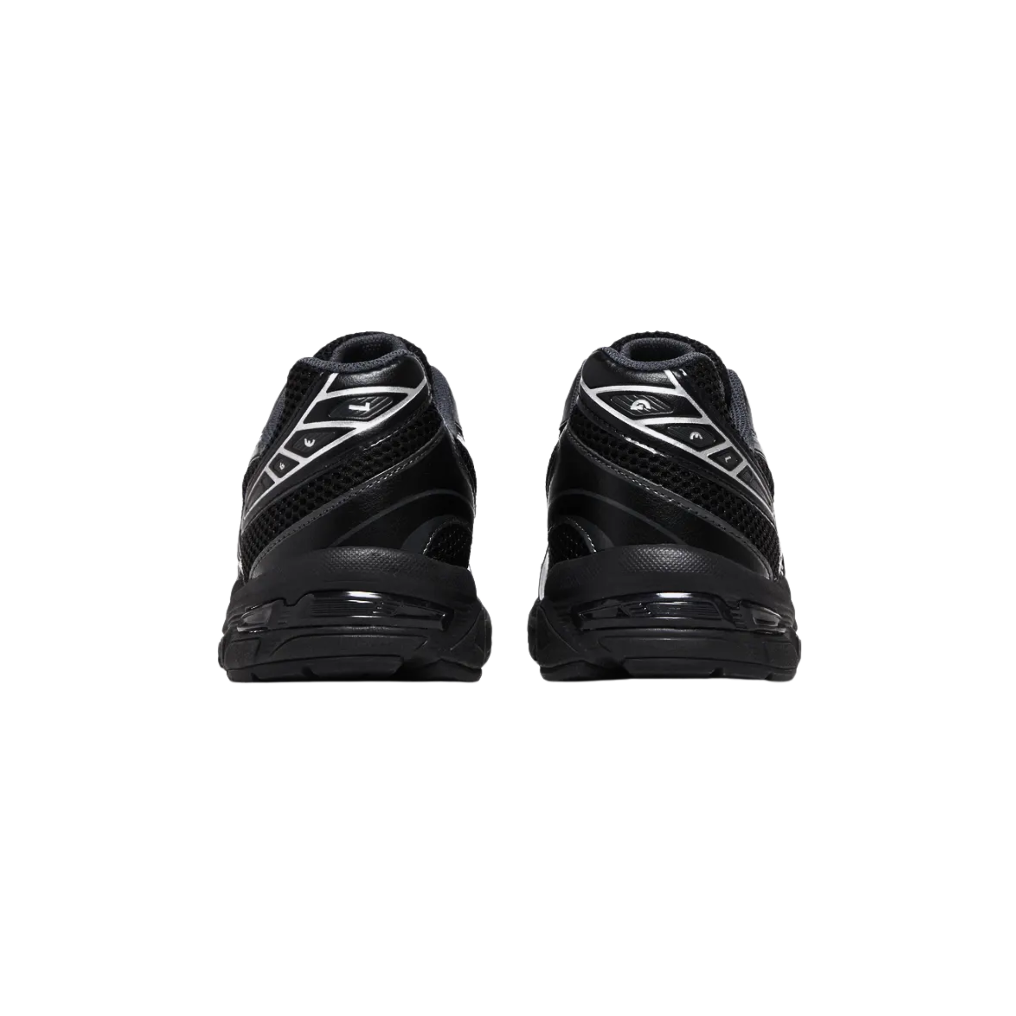The ASICS Gel 1130 'Black Pure Silver' features a black open-cell mesh upper with tonal synthetic leather overlays. Metallic silver accents highlight the signature tiger stripes, toe wrap, and heel overlay, while grey textile lines the collar for a sleek, neutral look. The sneaker offers lightweight cushioning with a solid black EVA midsole and a shock-absorbing Gel insert in the heel for added comfort and support.
