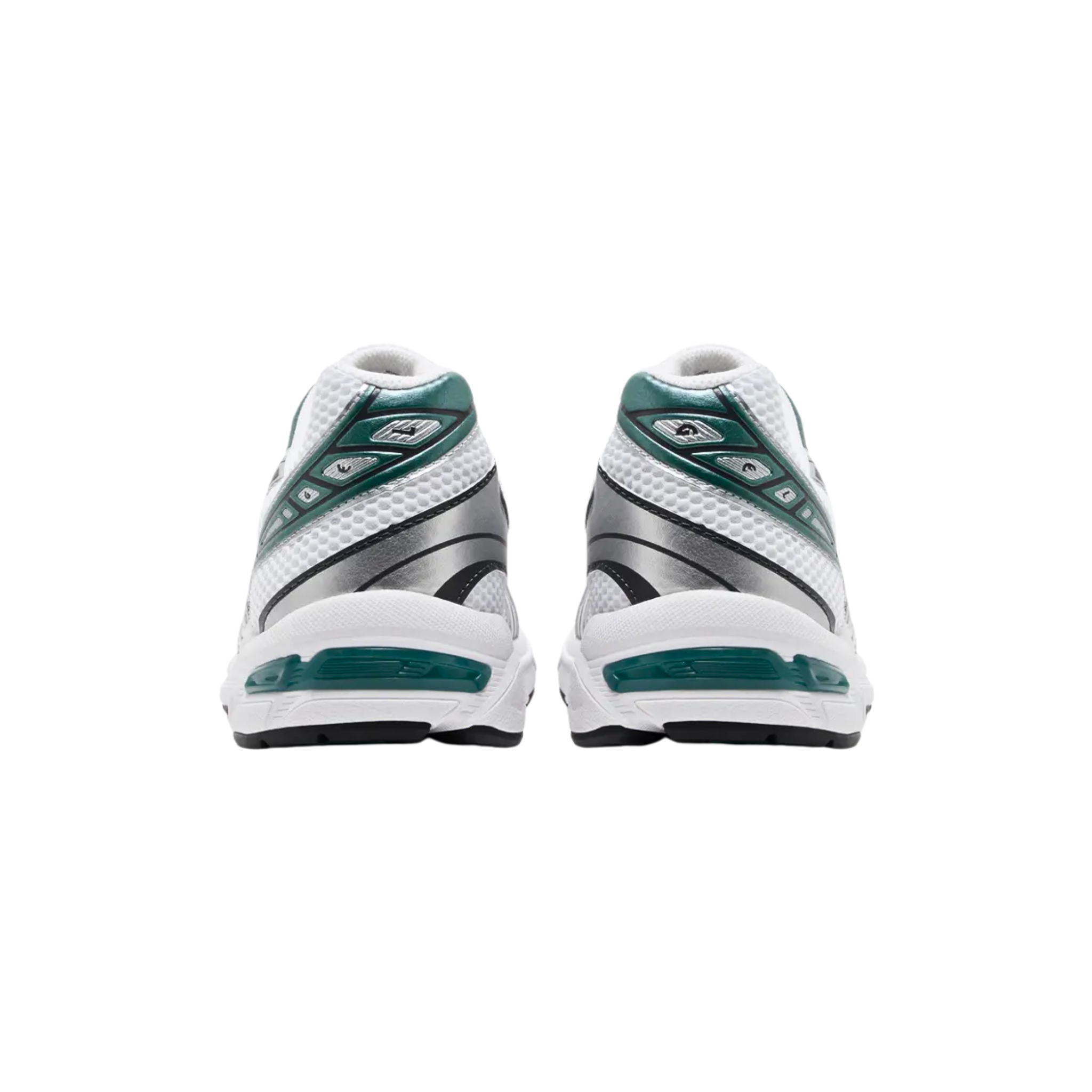 The ASICS Gel 1130 'White Dark Neptune' sneaker features a breathable white mesh upper, durable synthetic leather overlays, and shiny metallic silver tiger stripes with dark emerald accents. This retro runner is designed with a white EVA foam midsole, visible Gel cushioning in the heel, and a durable rubber outsole. Equipped with ASICS' TRUSSTIC support system, this stylish and supportive sneaker offers both comfort and stability.