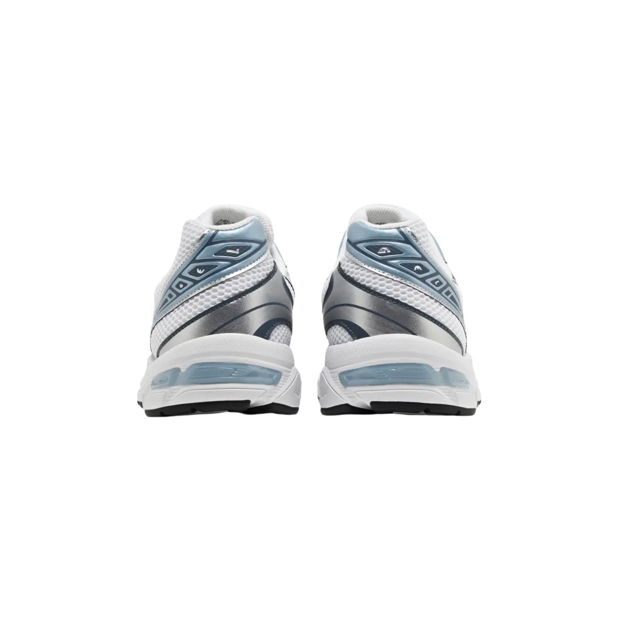 The ASICS Gel 1130 'White Shark Skin' sneaker features a breathable white mesh upper with steel blue synthetic leather overlays and metallic silver tiger stripes. ASICS branding adorns the tongue and sockliner. The sneaker is equipped with a lightweight EVA midsole, visible Gel cushioning in the heel, and a durable rubber outsole with the TRUSSTIC support system, featuring a TPU shank for enhanced stability and performance.