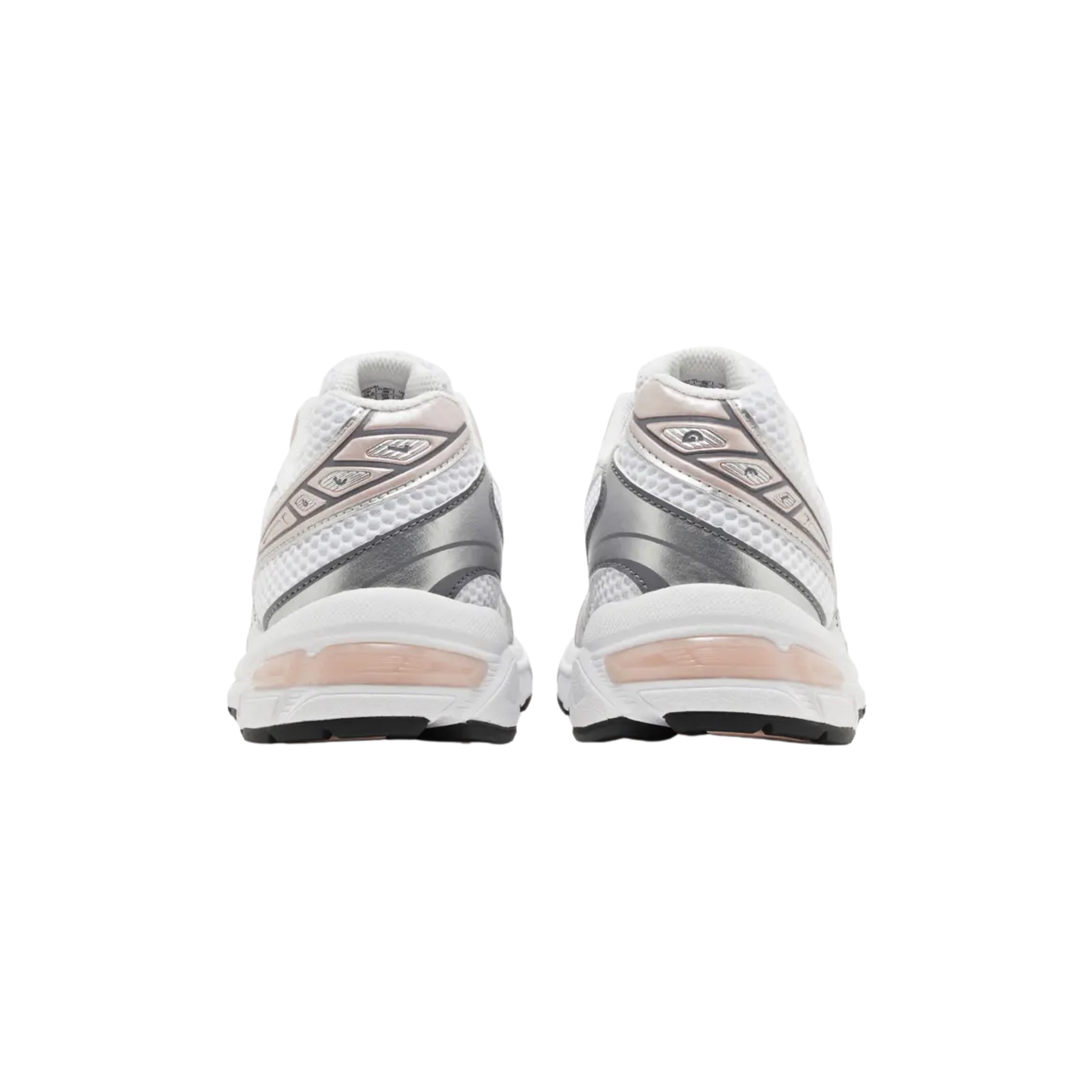Step into comfort with the ASICS Women's Gel 1130 'White Neutral Pink,' featuring a white mesh upper with metallic silver and dusty rose synthetic overlays. The shoe is equipped with a pink Gel insert in the heel for cushioning and sits on a supportive EVA midsole. A split rubber outsole with TRUSSTIC technology ensures enhanced midfoot stability for a smooth, stable ride.