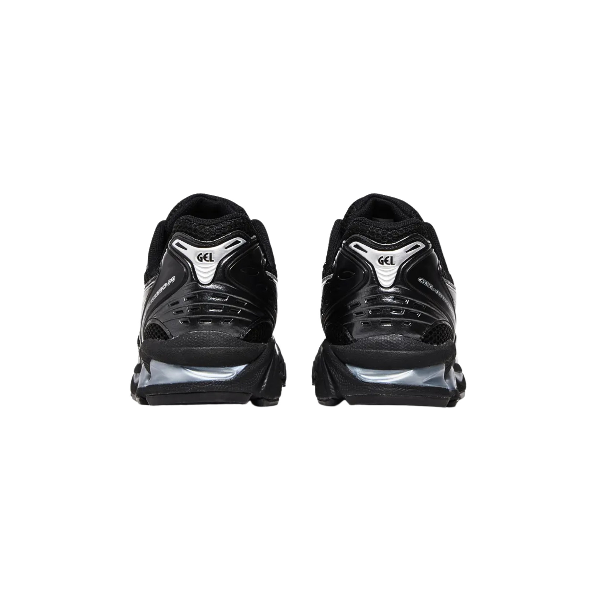 The ASICS Gel Kayano 14 'Black Pure Silver' features a ventilated black mesh upper with tonal synthetic leather overlays and signature side stripes, all highlighted by metallic silver accents. The lightweight design is supported by a black EVA midsole, featuring visible Gel cushioning in both the forefoot and heel for added comfort and performance.