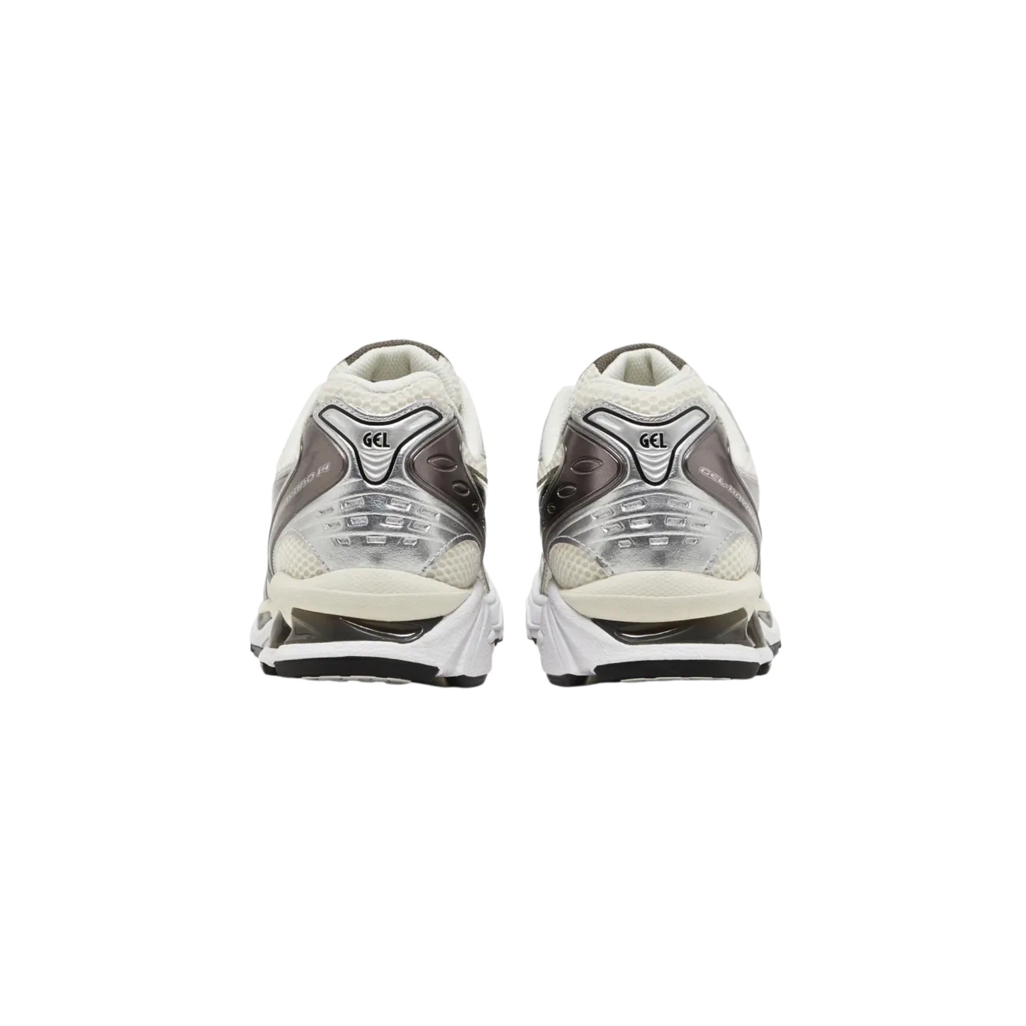 The ASICS Gel Kayano 14 'Silver Cream' features a retro 2000s running-shoe design with black polished side stripes on an off-white mesh upper, reinforced with metallic silver synthetic overlays. The sneaker offers lightweight cushioning with a breathable EVA midsole and visible Gel inserts in both the forefoot and heel. A durable rubber outsole is equipped with the ASICS Trusstic System, providing enhanced midfoot support and stability for added comfort and performance.