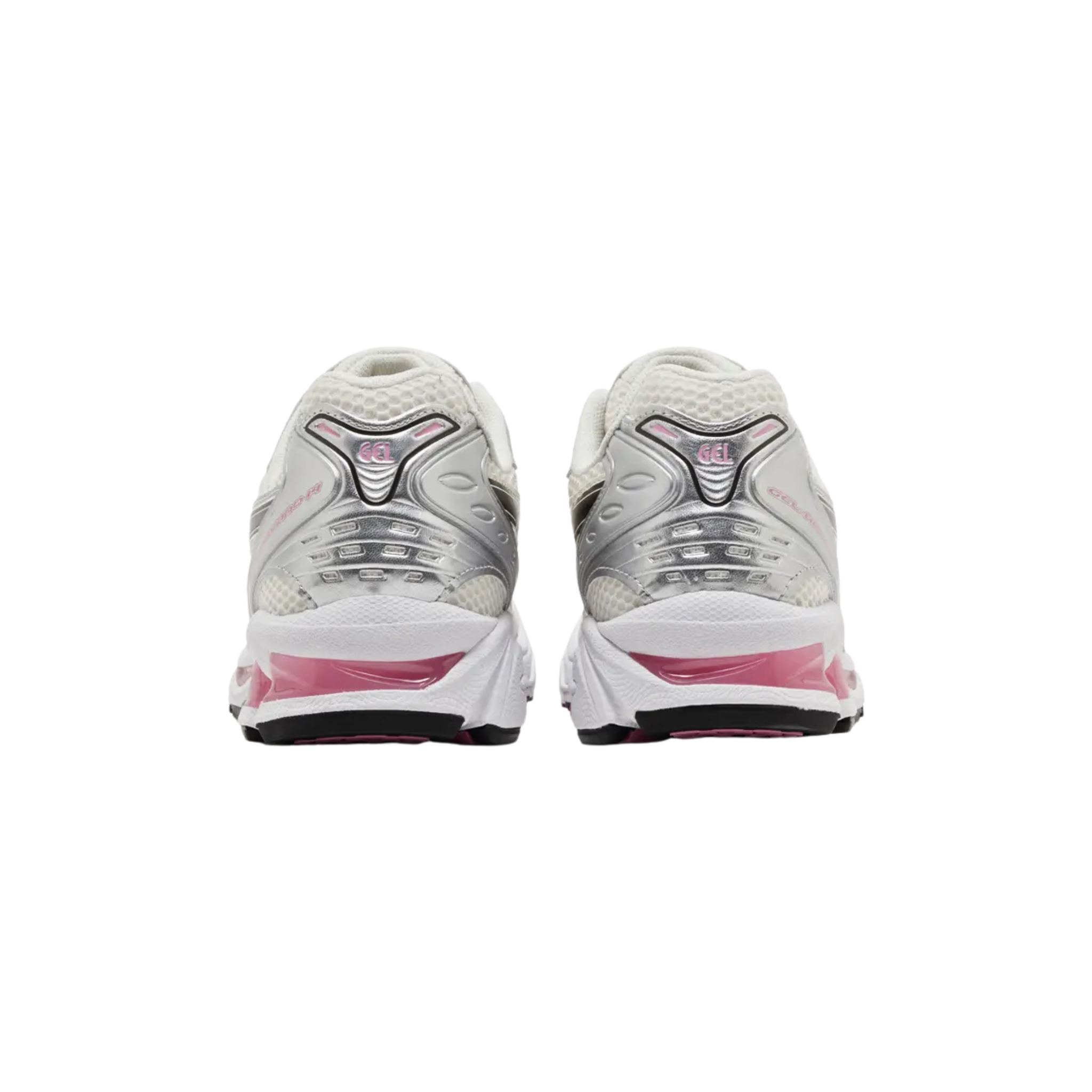 The ASICS Gel Kayano 14 'Cream Sweet Pink' sneaker showcases an off-white open-cell mesh upper with metallic silver synthetic leather overlays. Black lines accentuate the signature side stripes, while vibrant pink highlights the branding on the tongue and heel. The retro-inspired runner features a white foam midsole with visible Gel cushioning in a hot pink tint. A flexible rubber outsole with flex grooves and an exposed TPU shank provide enhanced support and durability.