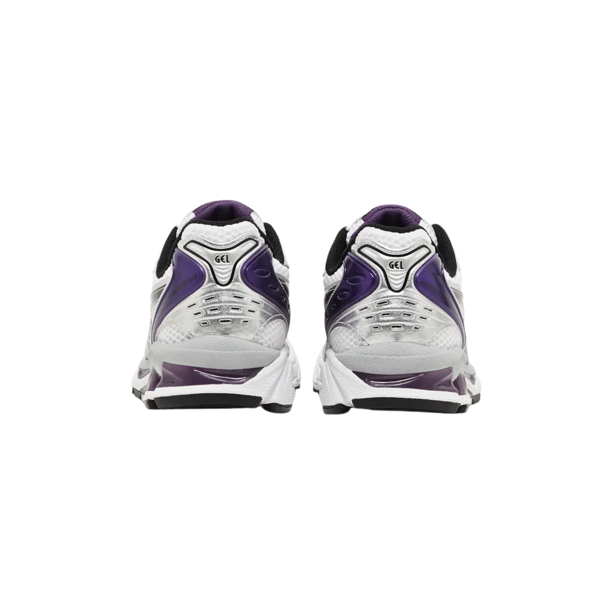 The ASICS Women's Gel Kayano 14 'Silver Grape' sneaker features a breathable white mesh upper with metallic silver synthetic leather overlays. Black arcing lines create the signature tiger stripes, while a metallic violet curved heel overlay adds contrast. The sneaker offers lightweight cushioning with a two-tone foam midsole, enhanced by purple-tinted Gel inserts in the forefoot and heel for superior comfort and support.