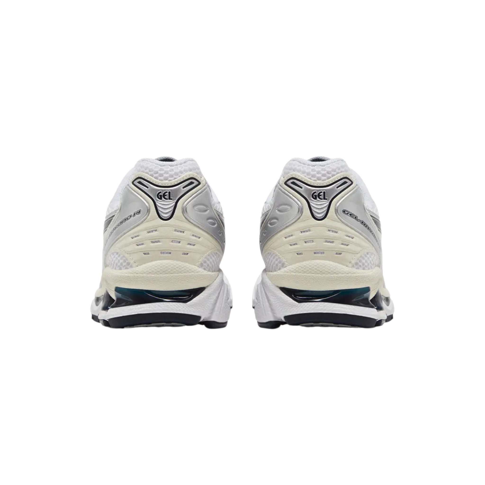 The ASICS Women's Gel Kayano 14 'White Midnight' features a white open-cell mesh upper with cream and metallic silver synthetic leather overlays. Dark grey lines create the signature tiger stripes, while ASICS branding adorns the tongue tag and sockliner. The sneaker offers visible Gel cushioning in the lightweight EVA midsole, providing enhanced impact protection and comfort with every step.