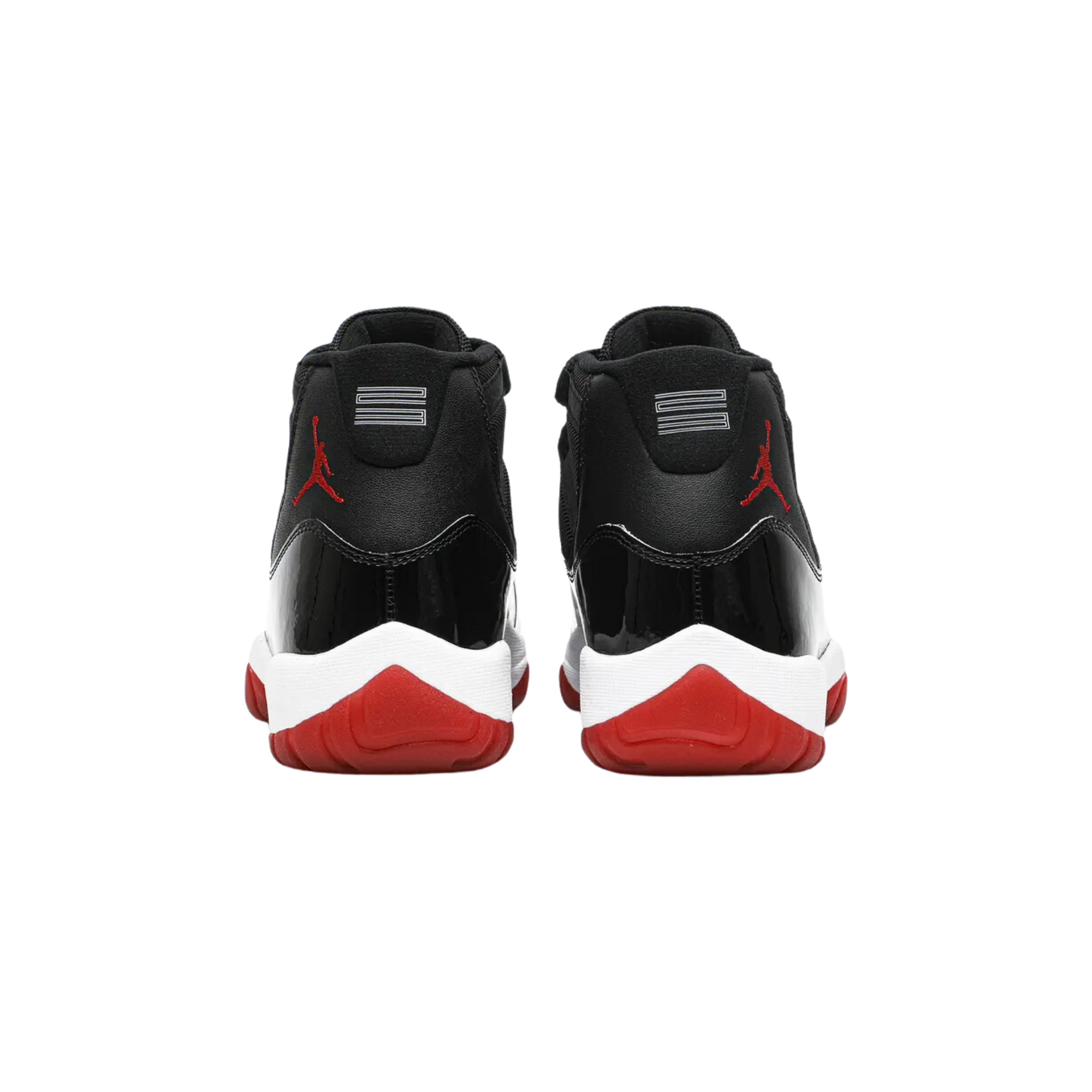 The 2019 Air Jordan 11 Retro 'Bred' features a black mesh upper with shiny black patent leather, a white midsole, and a translucent Varsity Red outsole, celebrating the colorway worn by Michael Jordan during the 1996 NBA championship playoffs.