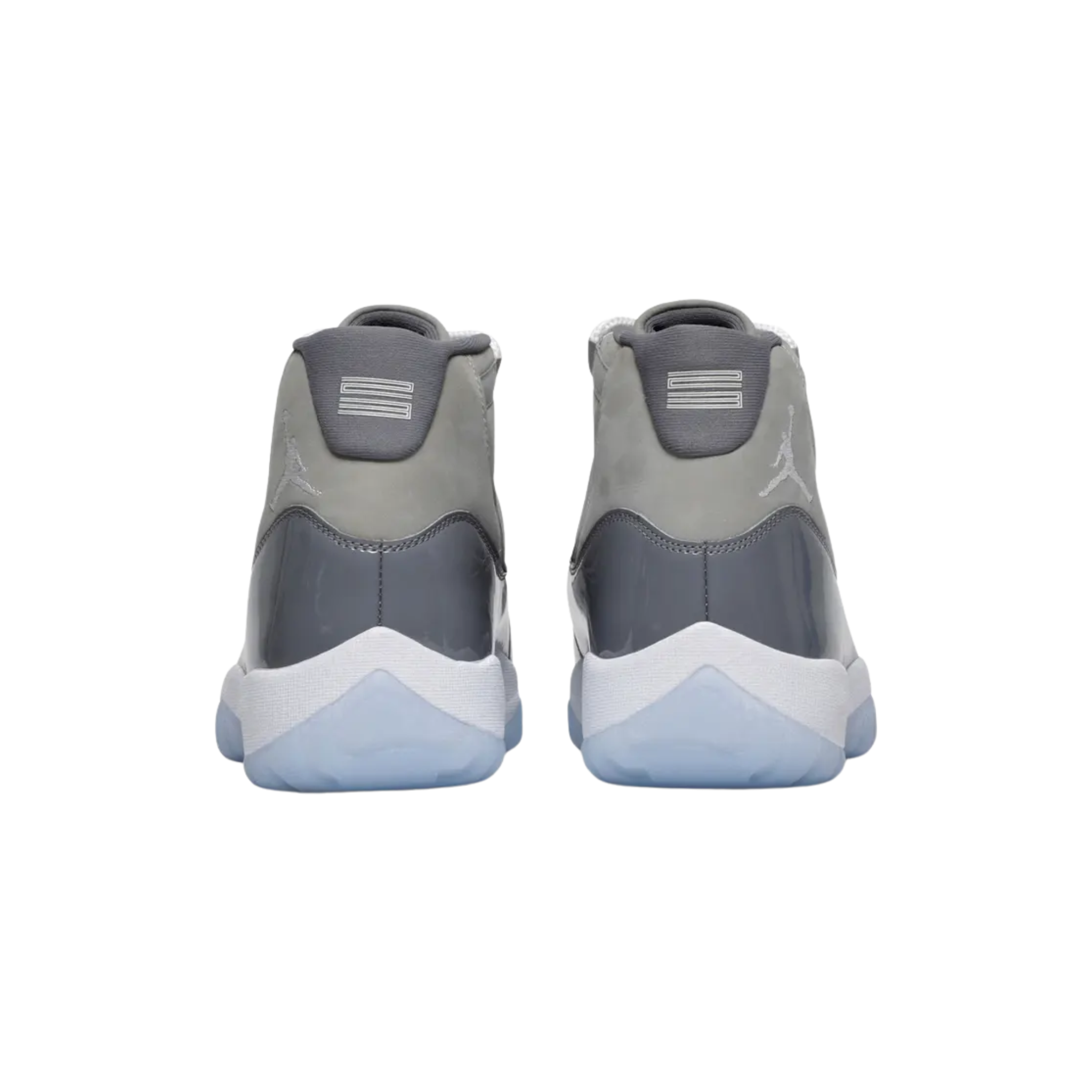 2021 Air Jordan 11 Retro ‘Cool Grey’ featuring a nubuck upper with tonal webbing lace loops and a shiny patent leather overlay in Medium and Cool Grey tones. The sneaker includes a white Jumpman logo on the lateral ankle, a stylized ‘23’ on the heel notch, and a full-length Air-sole unit housed in a white Phylon midsole. Underfoot, a translucent outsole reveals a carbon fiber spring plate for enhanced responsiveness.