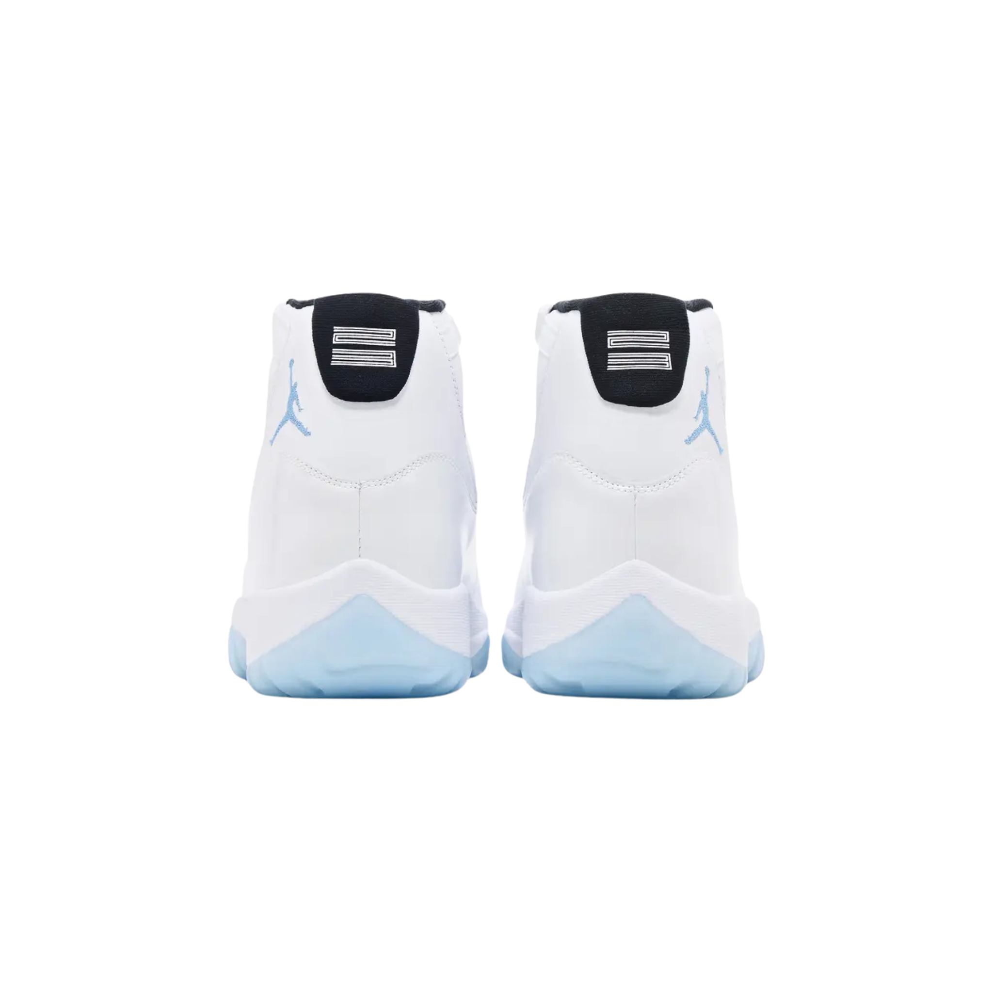 Air Jordan 11 Retro 'Legend Blue' (2024) featuring a white leather upper with a tonal patent leather mudguard and blue embroidered Jumpman on the lateral collar. The sneaker includes black accents on the interior lining and back tab with '23' branding, a white Phylon midsole with a full-length Air-sole unit, and a blue-tinged translucent rubber outsole with a carbon fiber shank plate for stability.