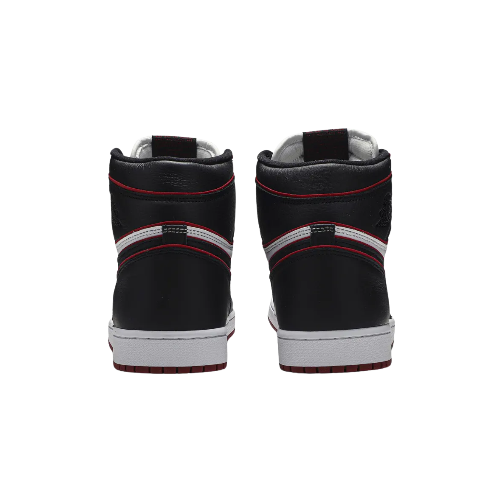 The 2019 Air Jordan 1 High Retro OG 'Bloodline' features a leather upper with a classic red, black, and white color scheme, complemented by retro Swooshes, Wings logo branding, and a dual-tone rubber cupsole with encapsulated Air cushioning.