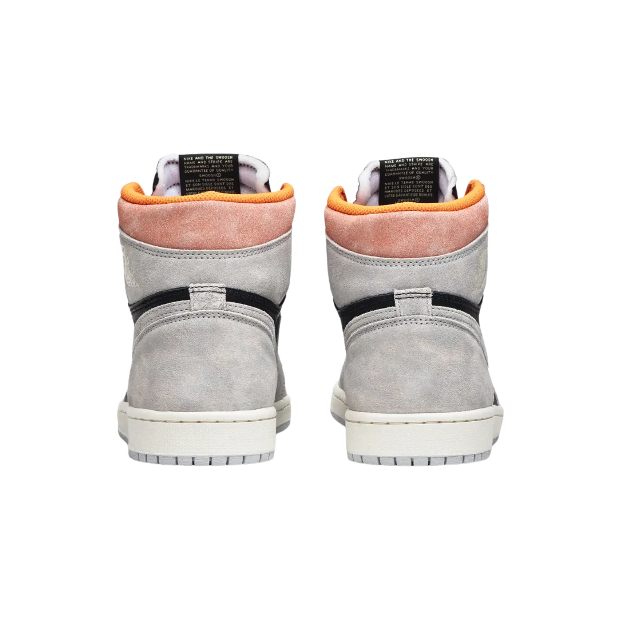 The Air Jordan 1 Retro High OG ‘Neutral Grey’ features a tumbled black leather base with soft grey suede overlays and a Hyper Crimson pop on the collar. The quarter panel is stamped with 'SP 19 Air Jordan 1 High OG' in white print.